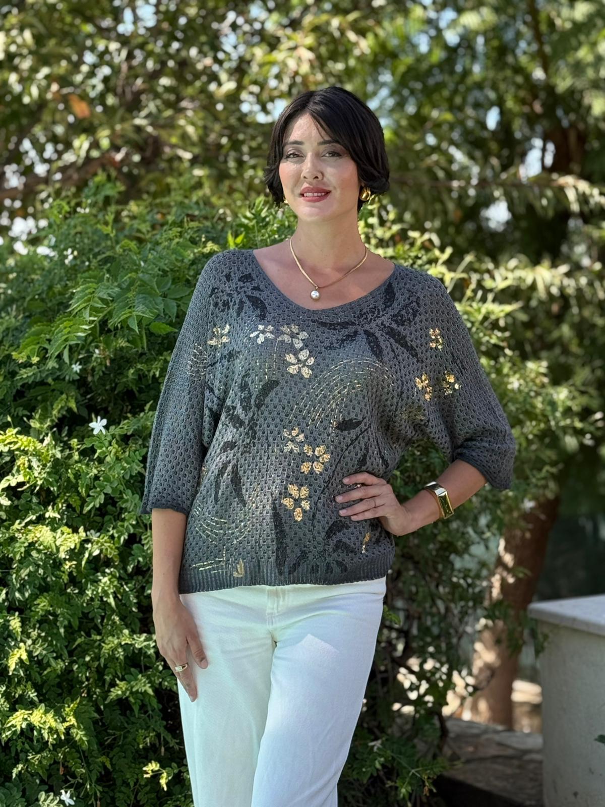 LS7514 İtalyan Yaprak Desen Triko Bluz Haki