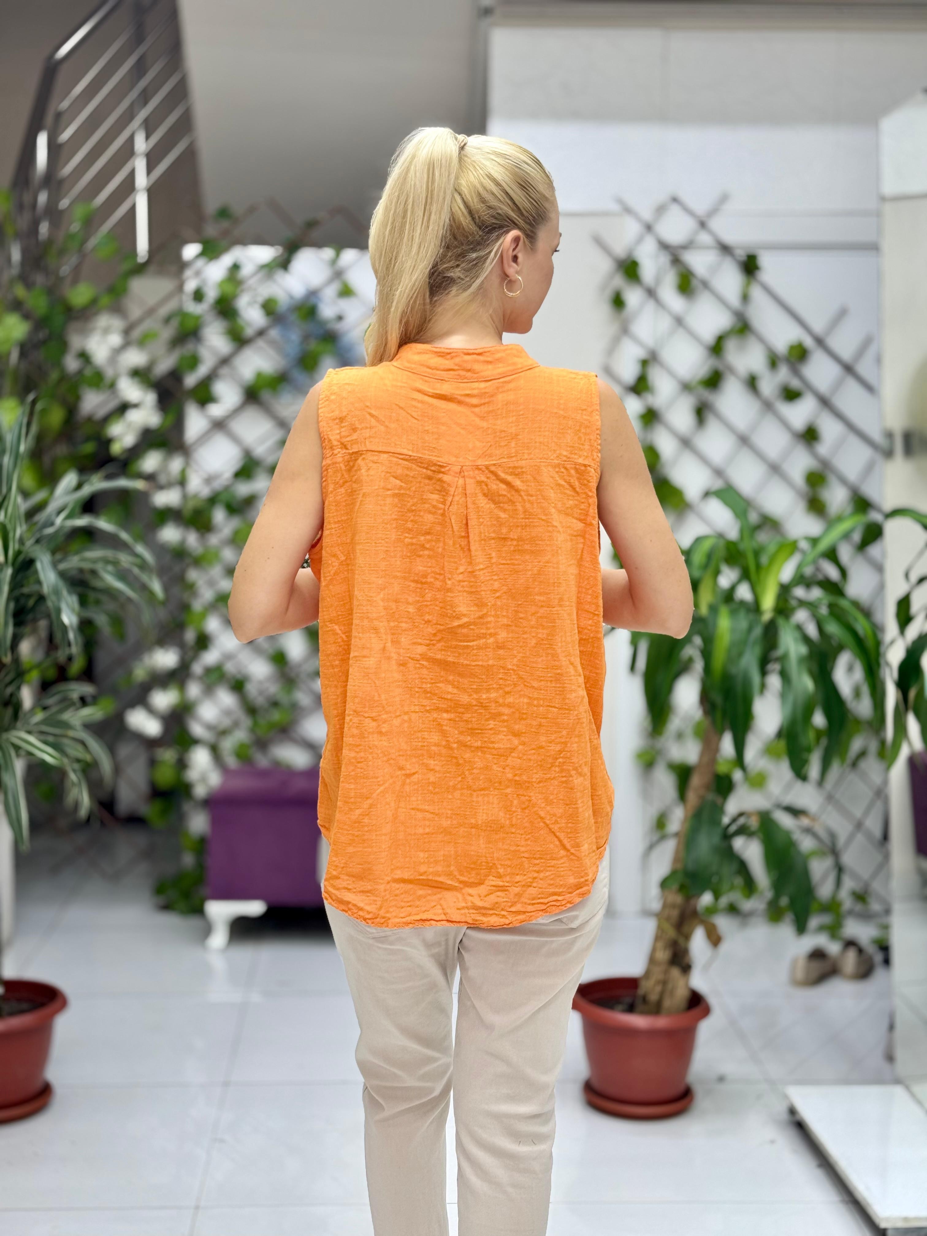 LS8819E Kolsuz Pamukketen Cepli İtalyan Bluz Oranj