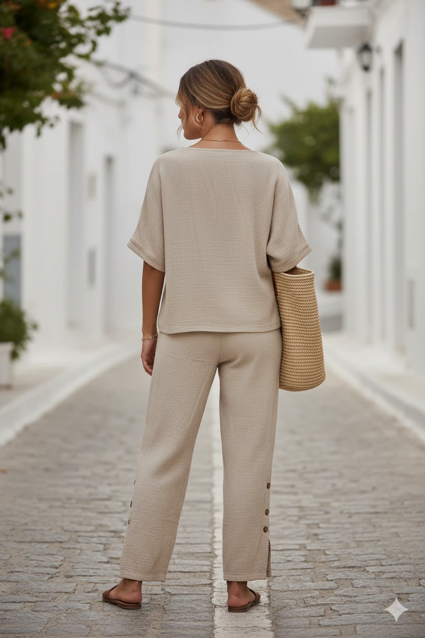 AY23766 Önü Büzgülü Pantolonu Yırtmaçlı Müslin Takım Bej