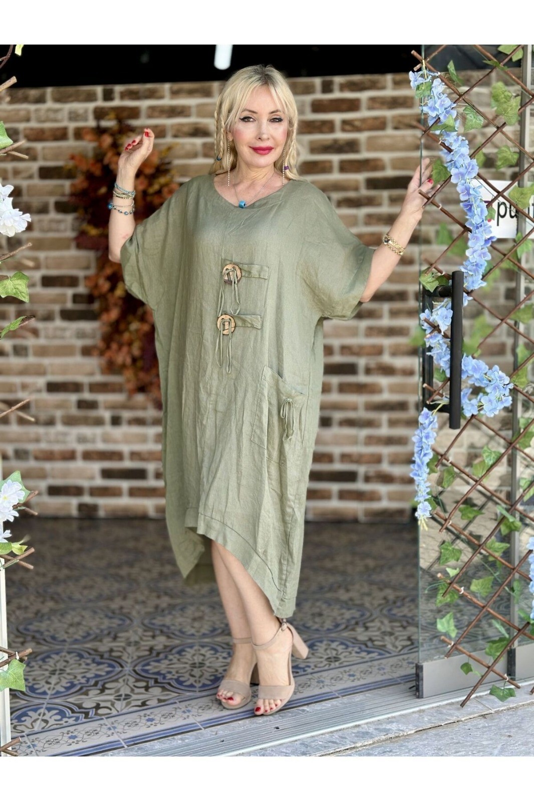 N231344 İtalyan Keten Elbise Haki