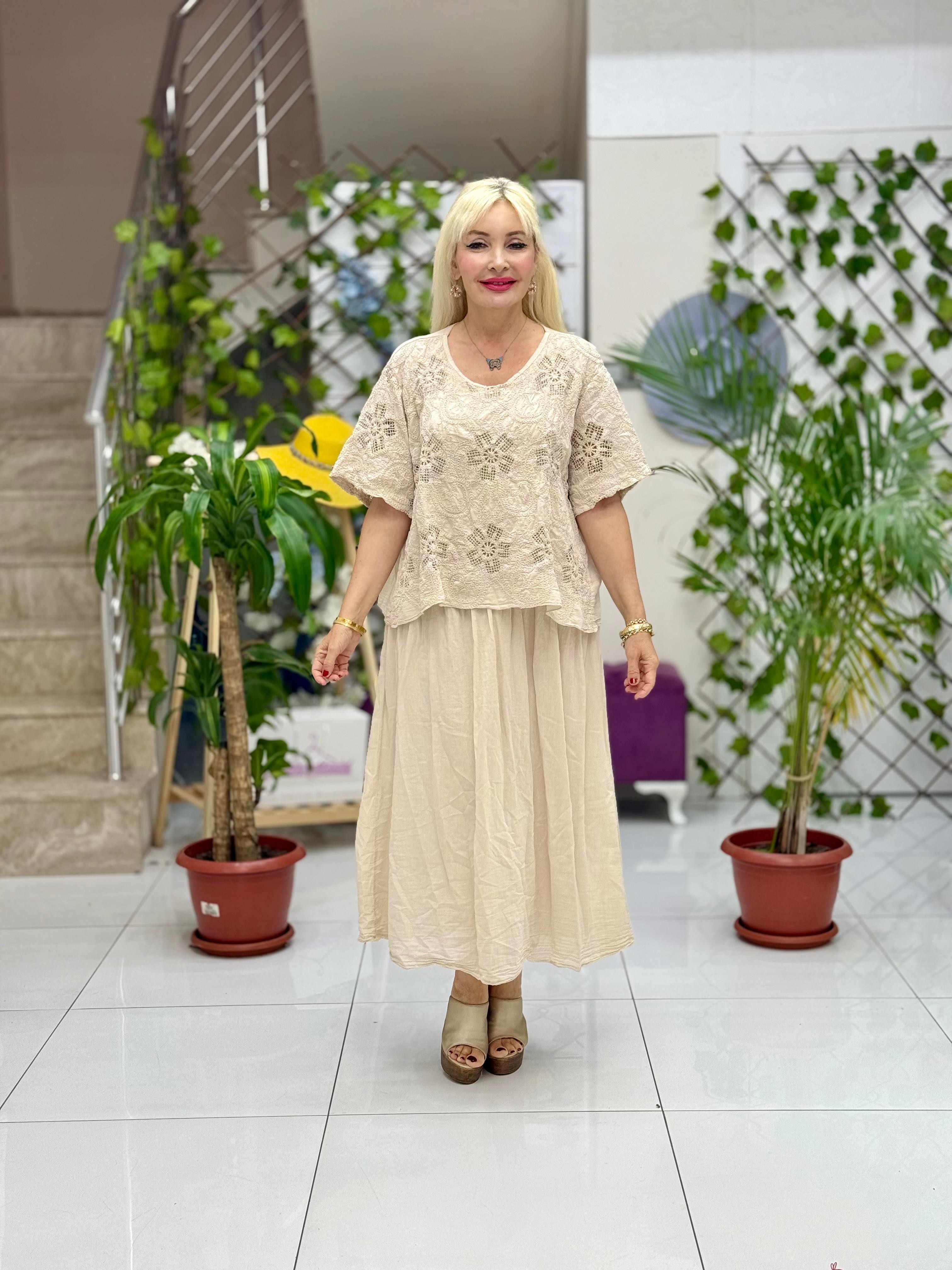 YG5291 İtalyan File Detay Coton Elbise Krem