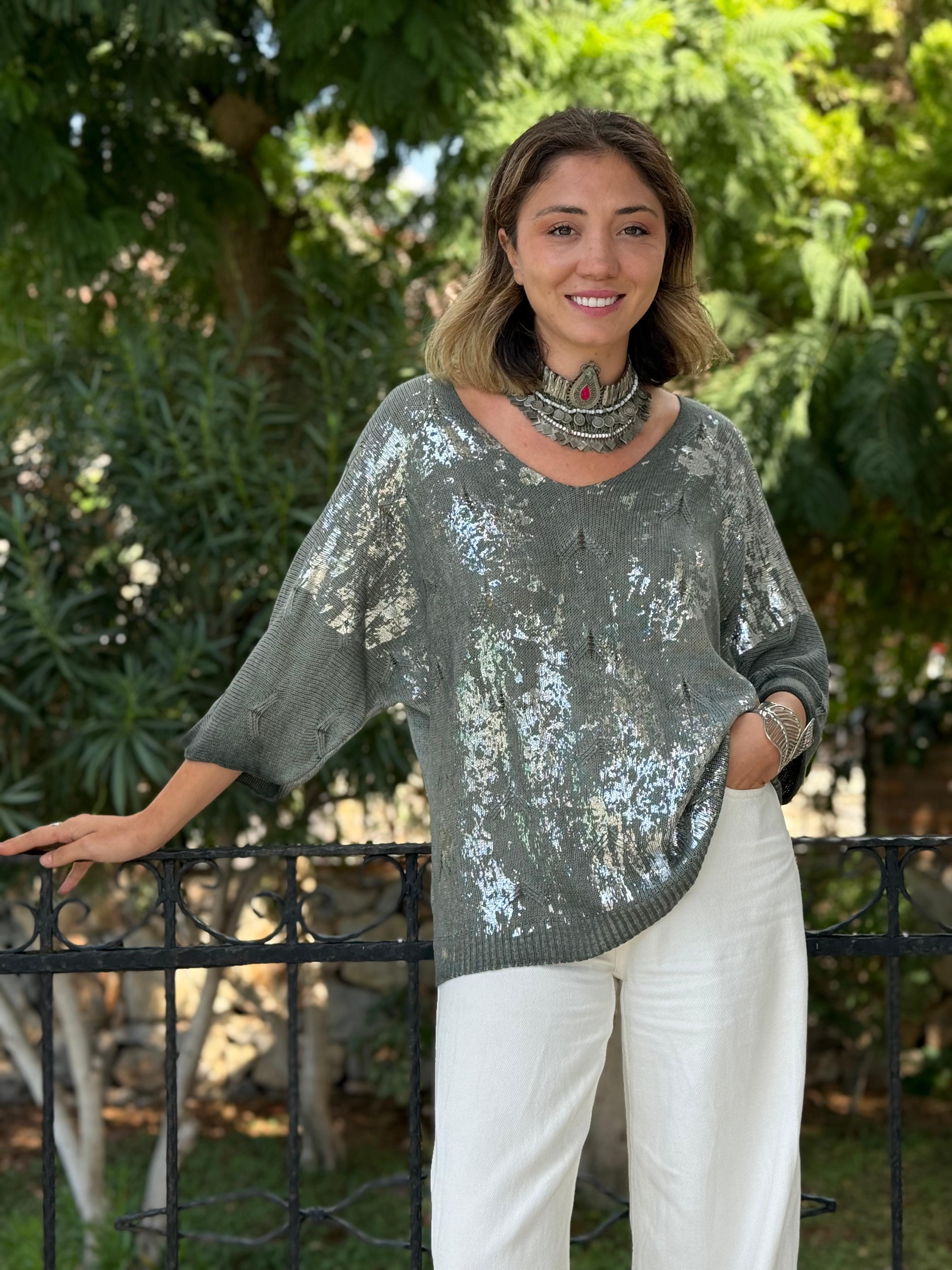 NC6016 İtalyan Fakir Kol Baskılı İnce Triko Bluz Haki