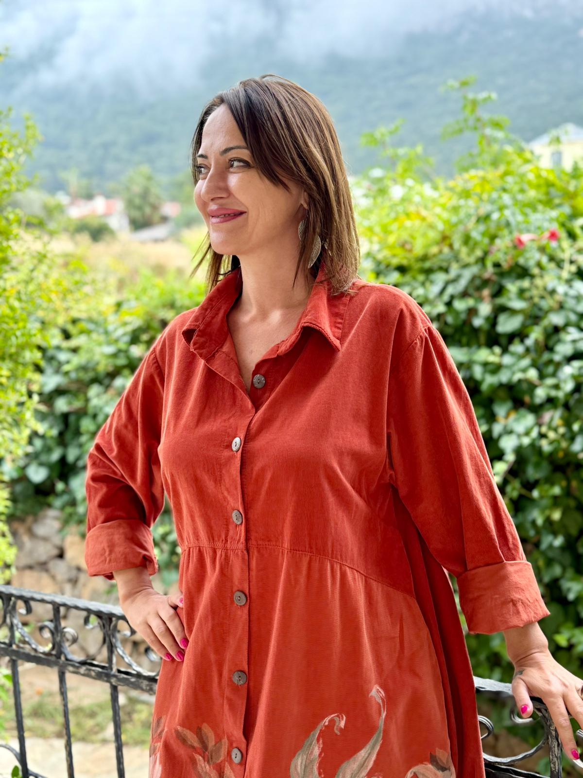 YG10974 Çiçek Baskılı İtalyan Kadife Gömlek Elbise Kiremit