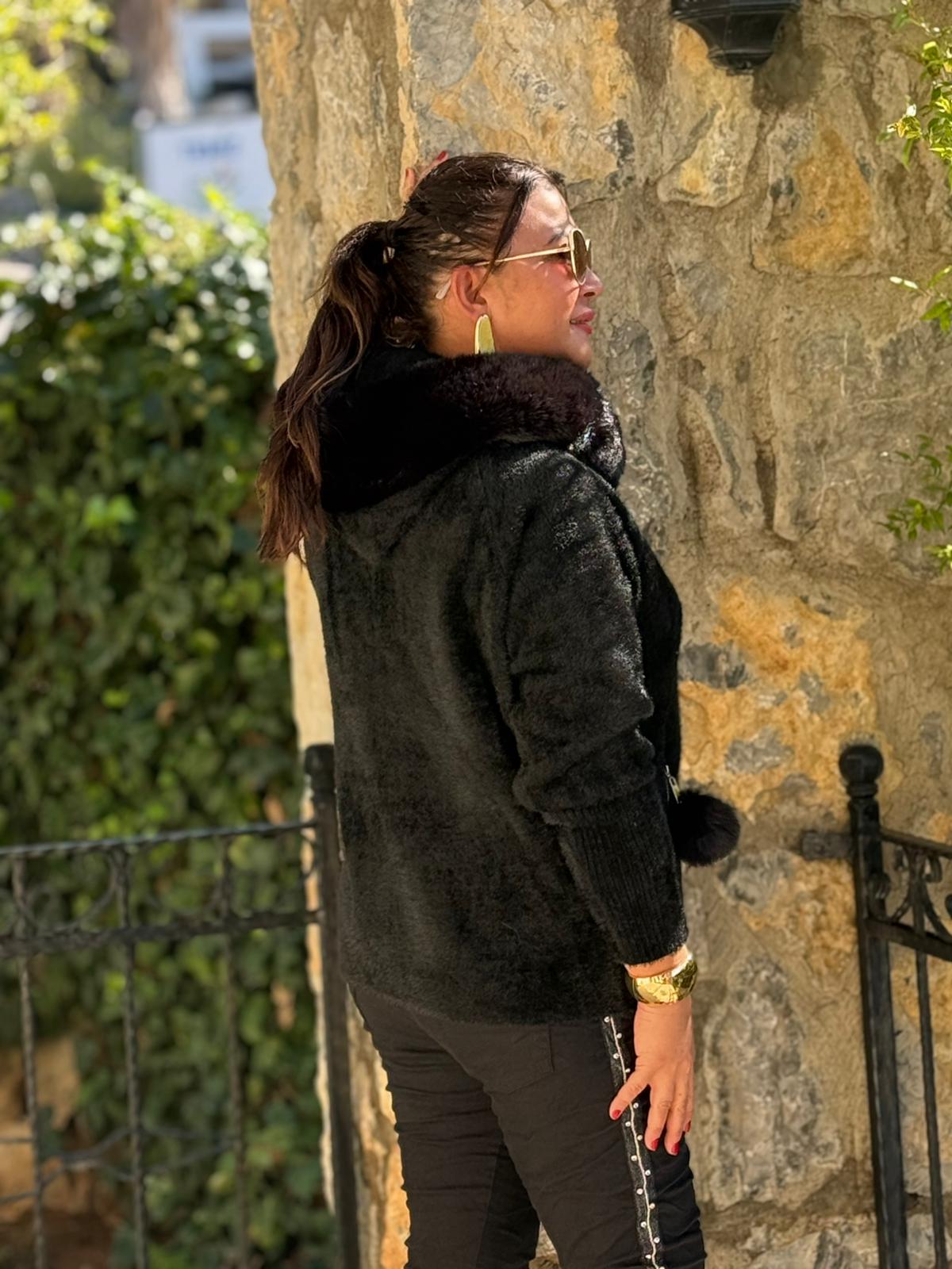 N33035 Abrigo Angora Con Capucha Y Bolsillos Crema