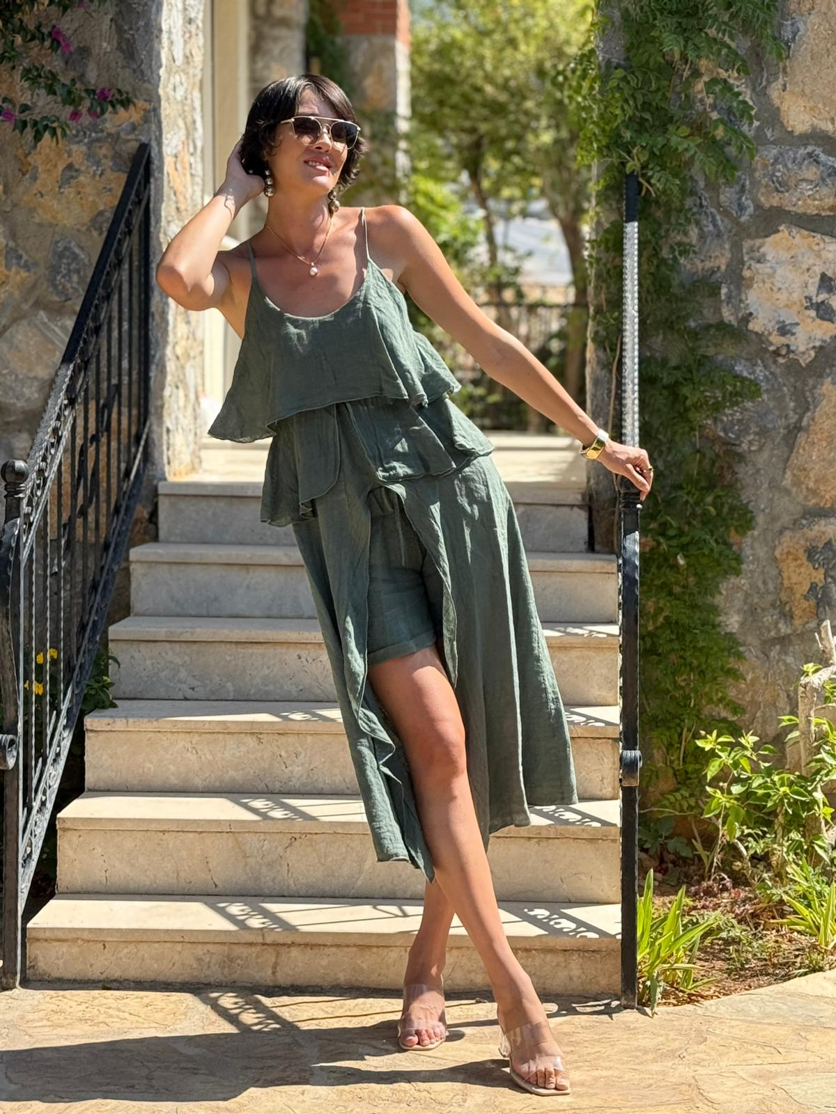 NC13179 İtalyan Keten Şortlu Takım Çağla