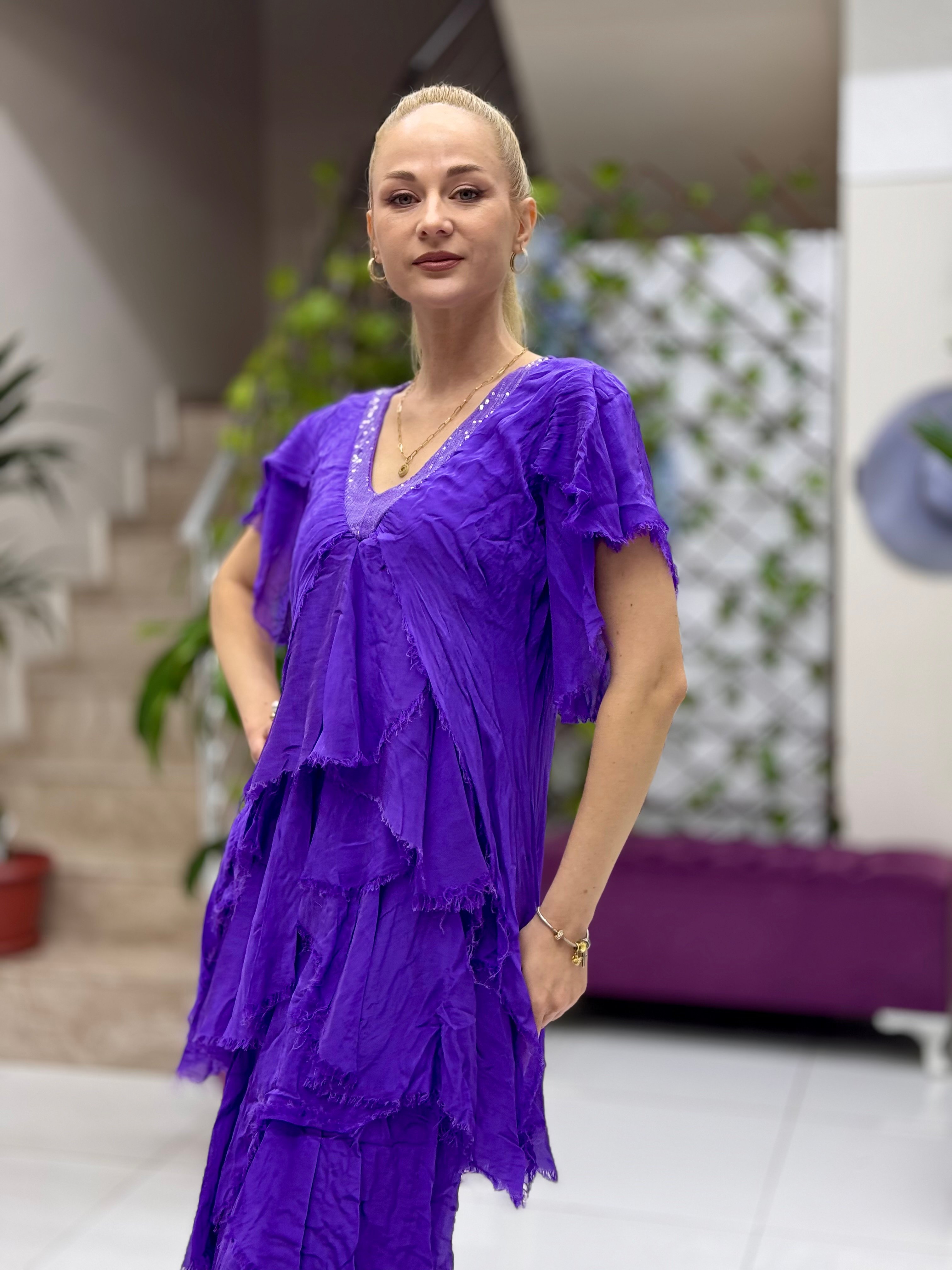 NC65714 İtalyan Yaka Pullu Fırfırlı İpek Elbise Mor