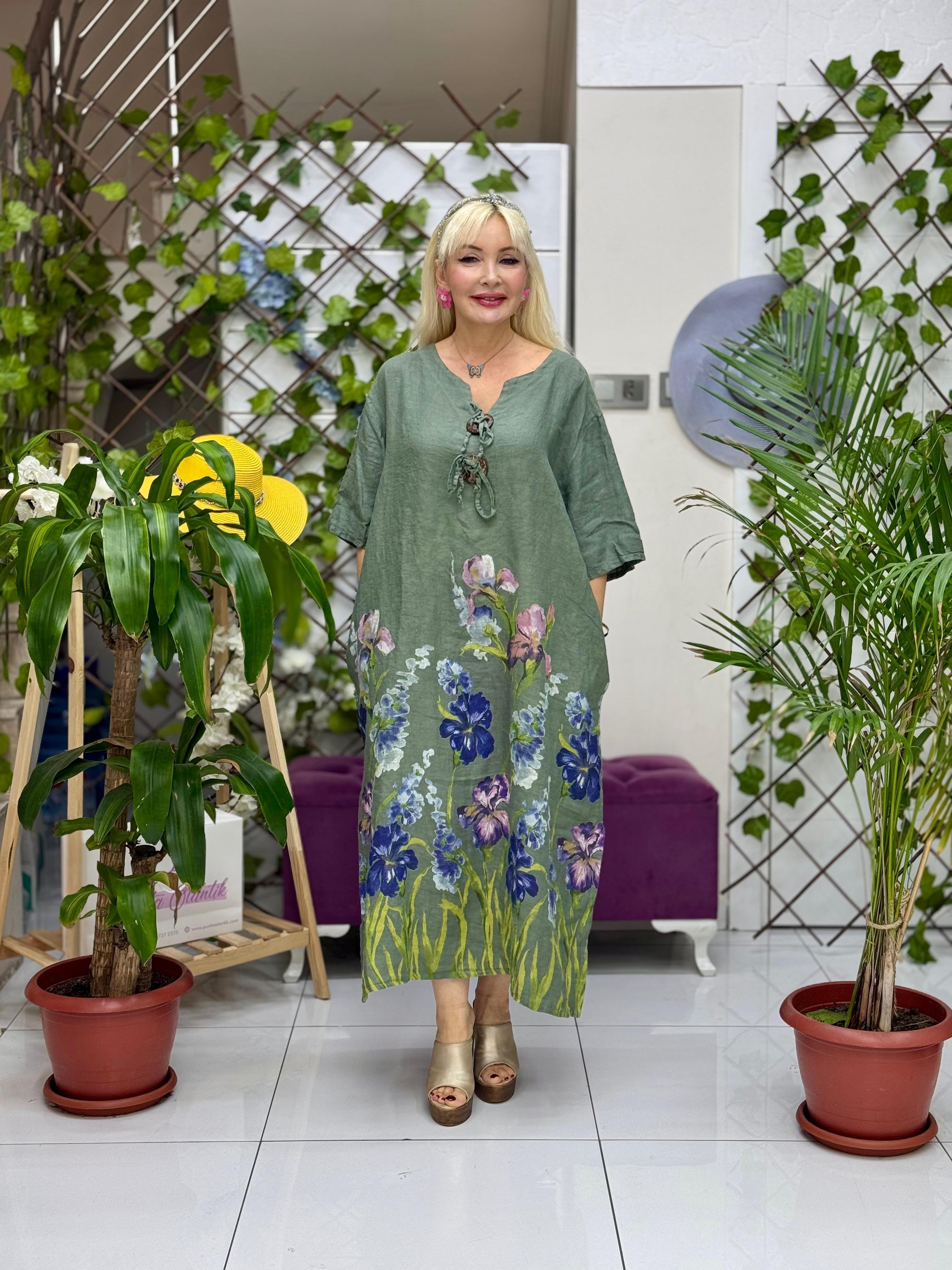 YG205060 Düğmeli Çiçekli Keten Elbise Haki