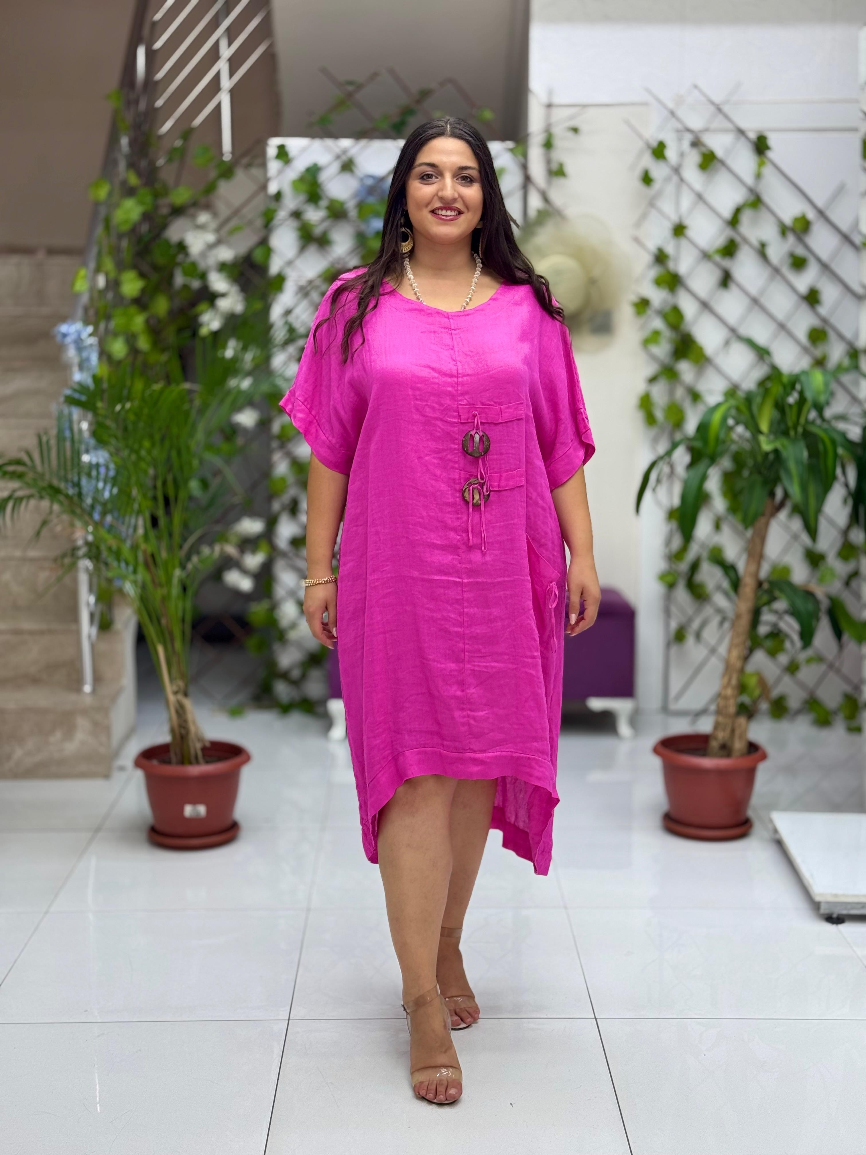 N231344 İtalyan Keten Elbise Pembe