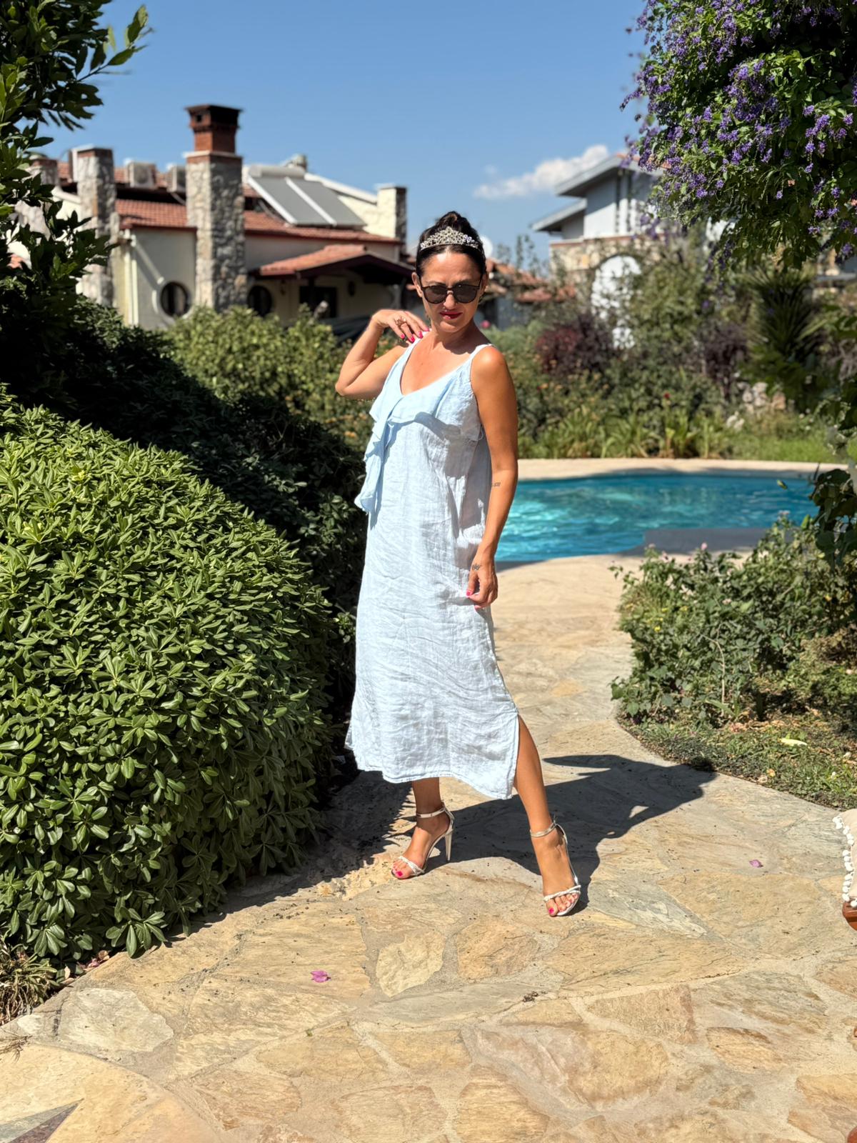 NC2132 İp Askılı Keten Önü Fırfırlı İtalyan Elbise Bebe Mavi