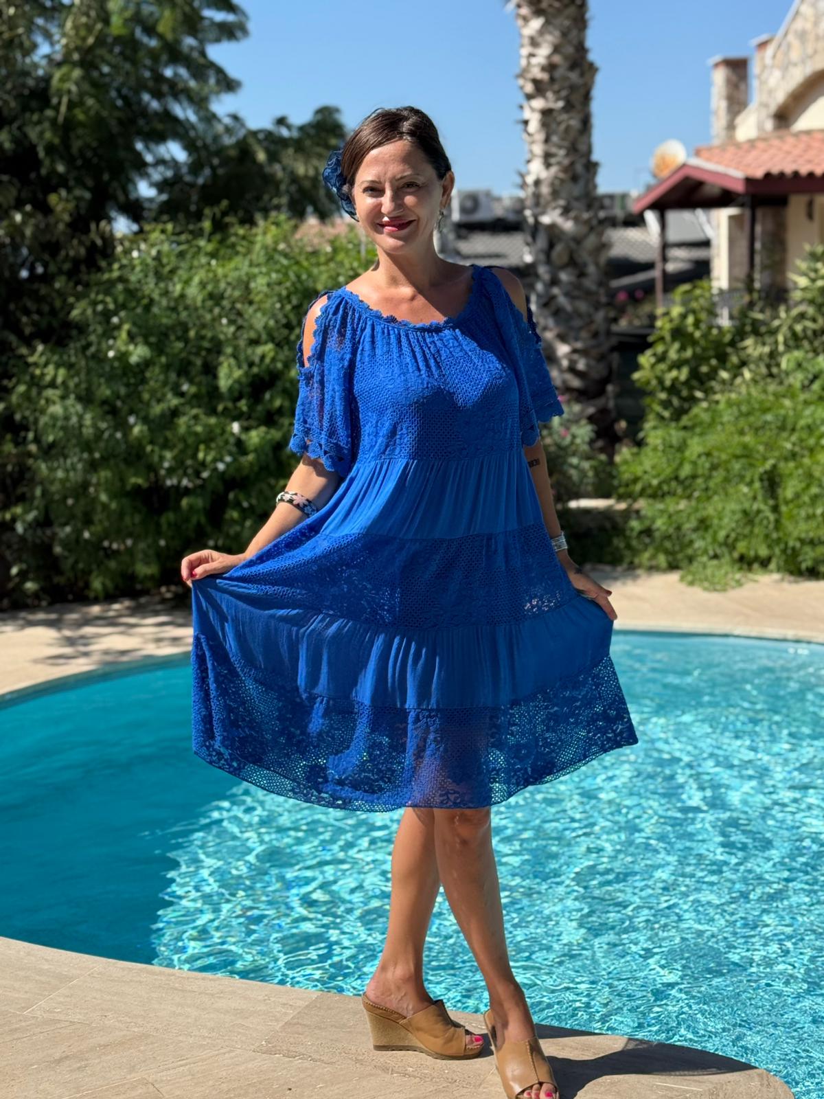 NC10453 İtalyan Yarım Kol Omuz Pencereli Dantelli Coton Elbise Saks