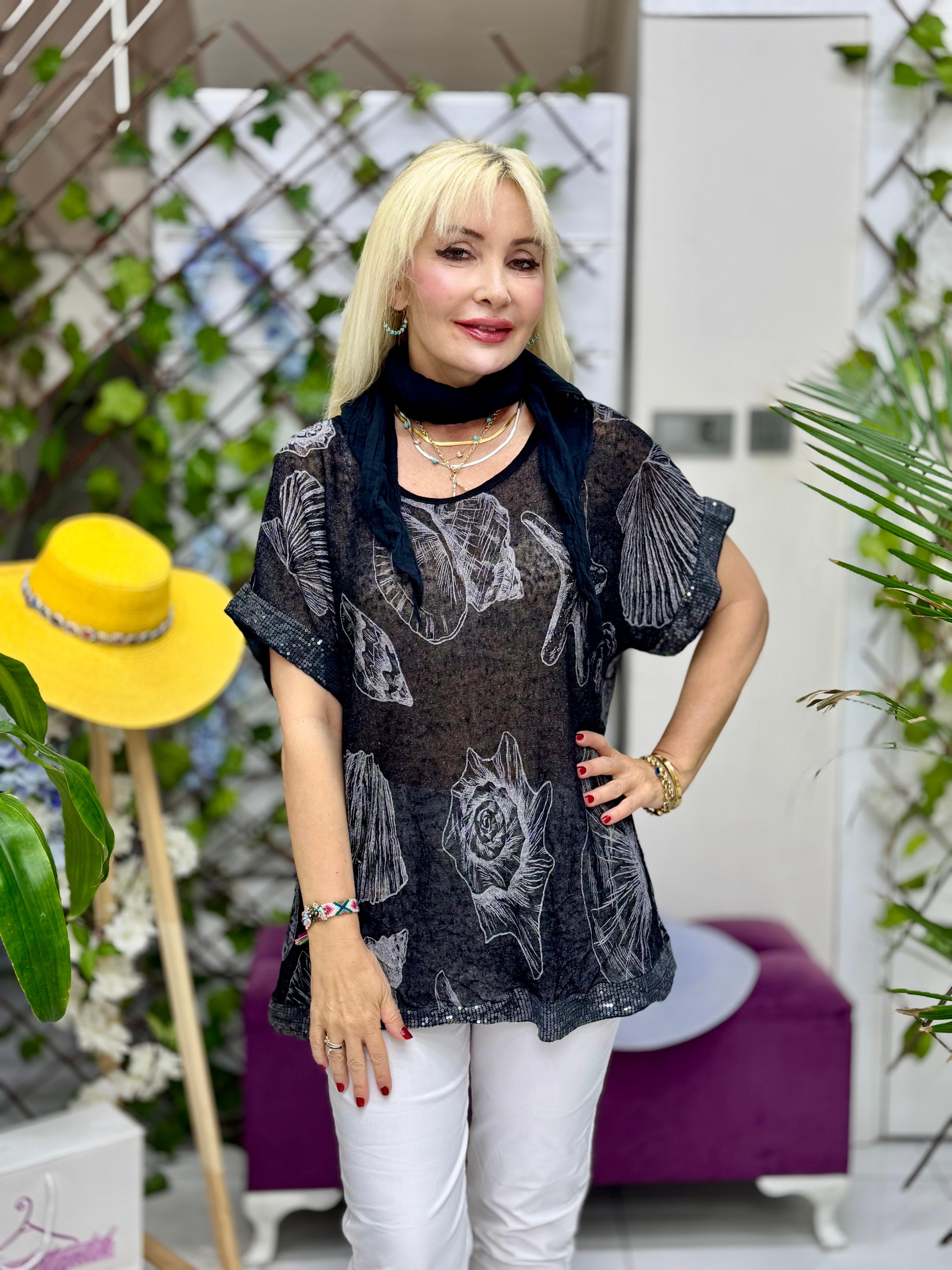 NC82560 İtalyan Fularlı Coton Bluz Siyah