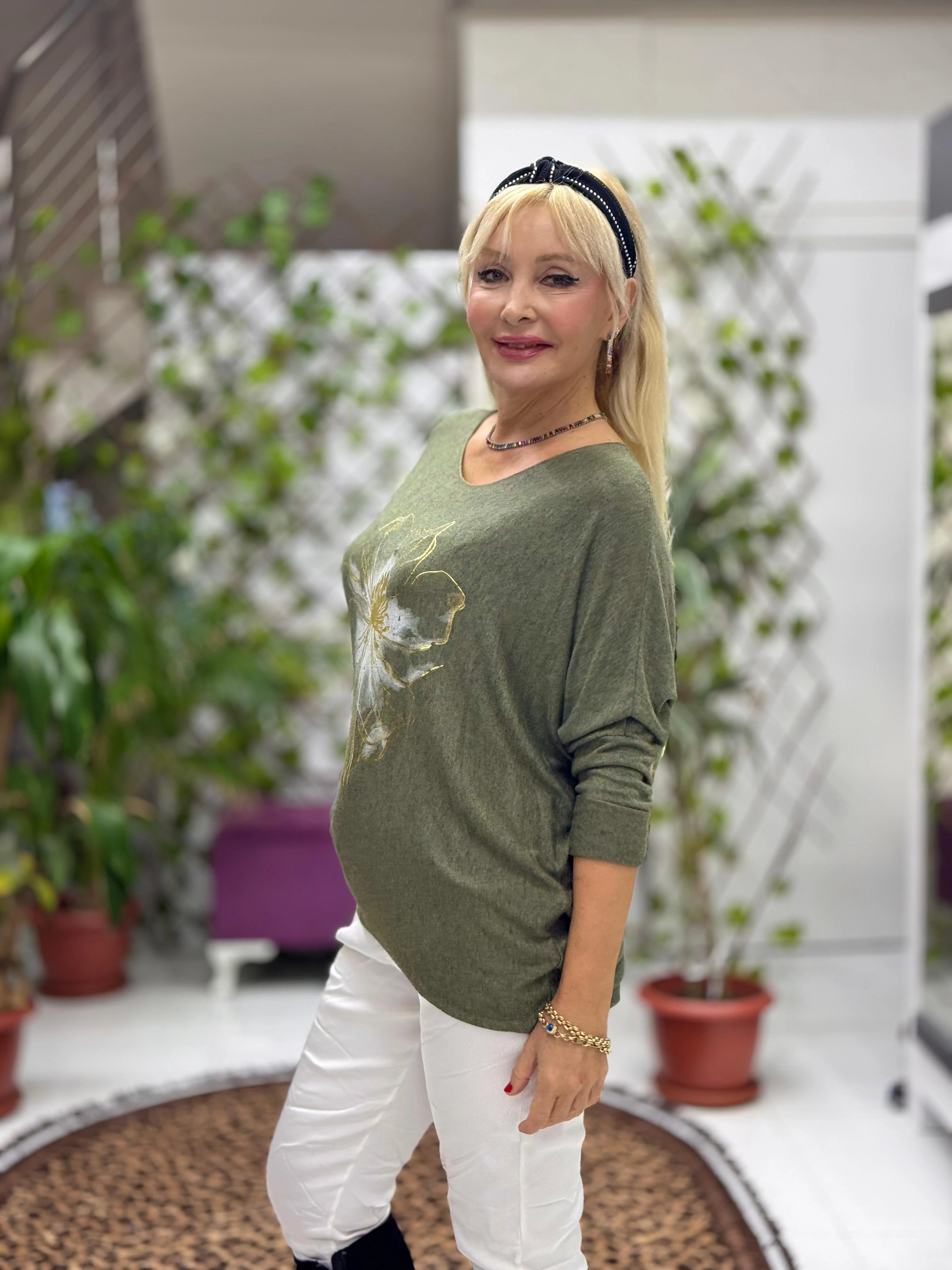 YG3003 Çiçek Baskılı İtalyan Triko Bluz Haki