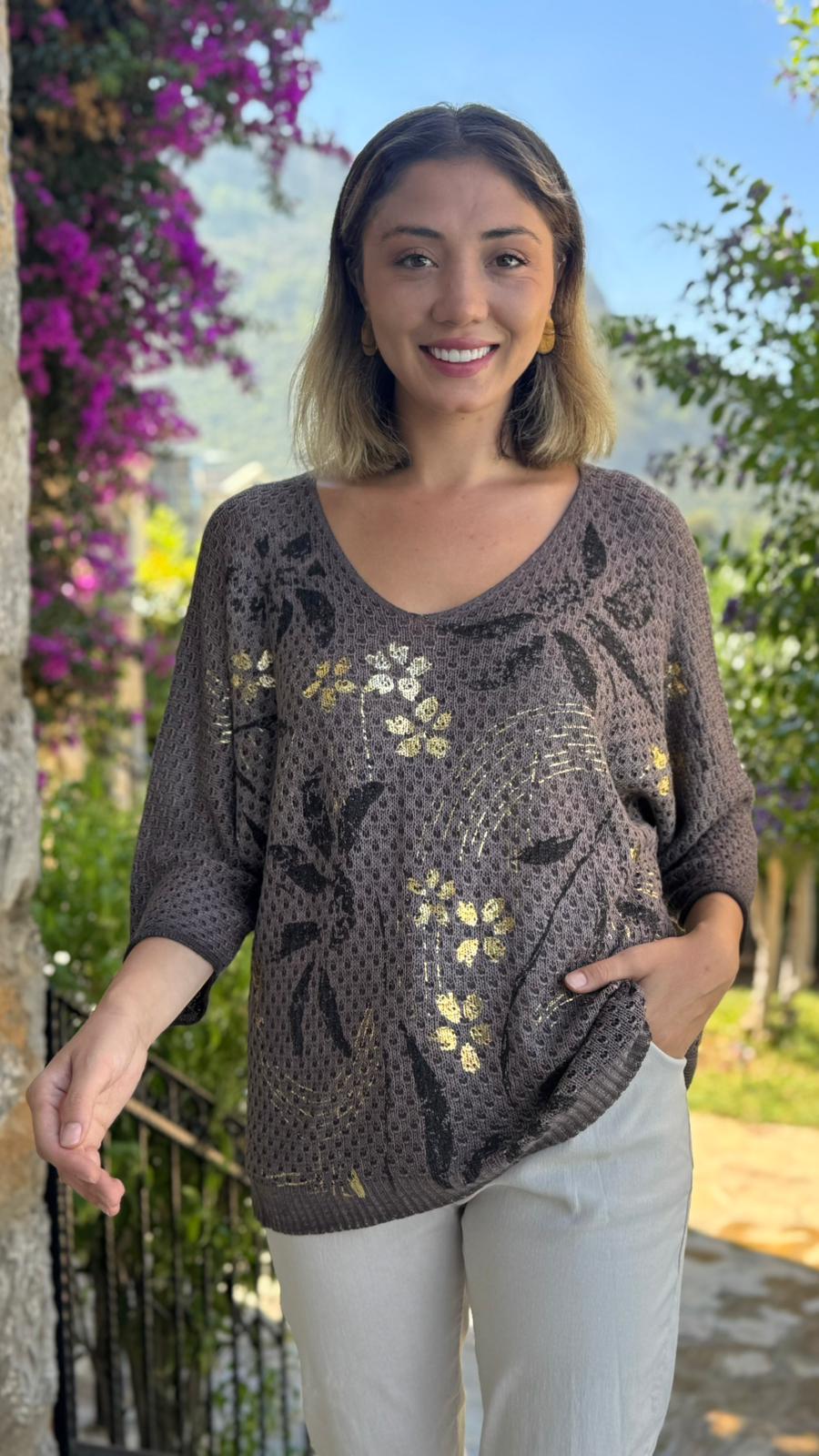 LS7514 İtalyan Yaprak Desen Triko Bluz Kahverengi