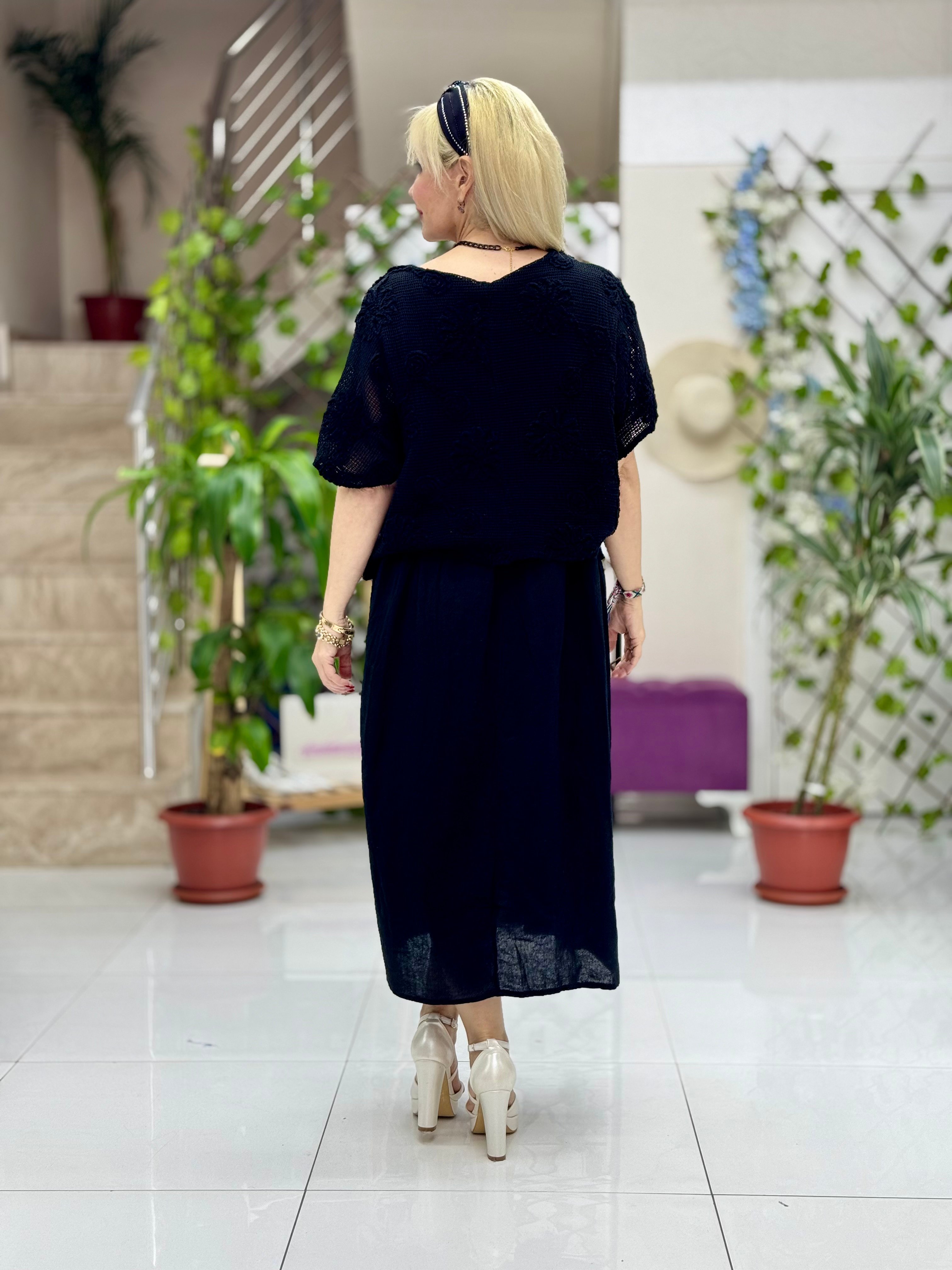 NC110505 İtalyan Keten Elbise Siyah