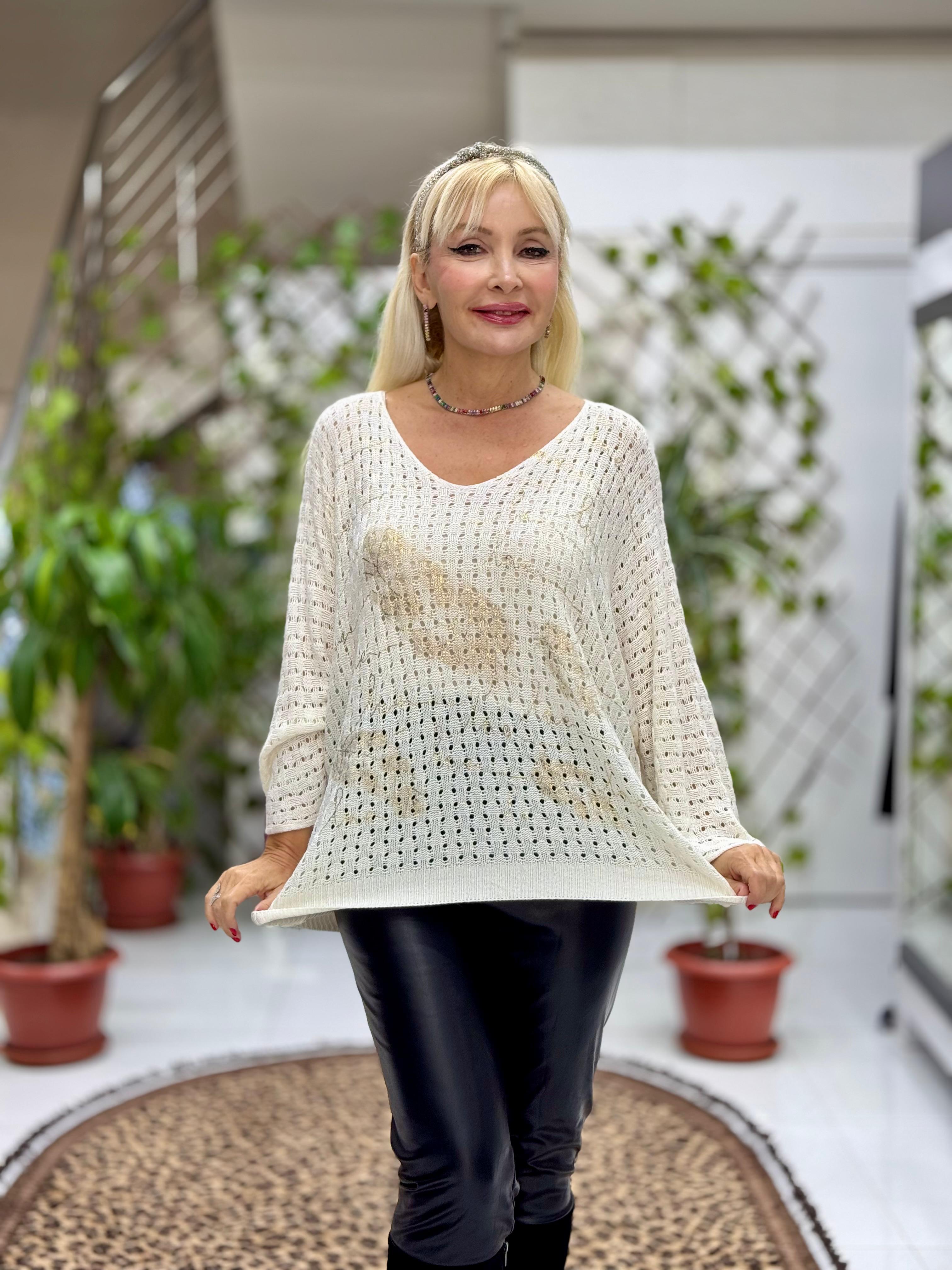 YG6020 Yaldız İşlemeli File İtalyan Kazak Beyaz