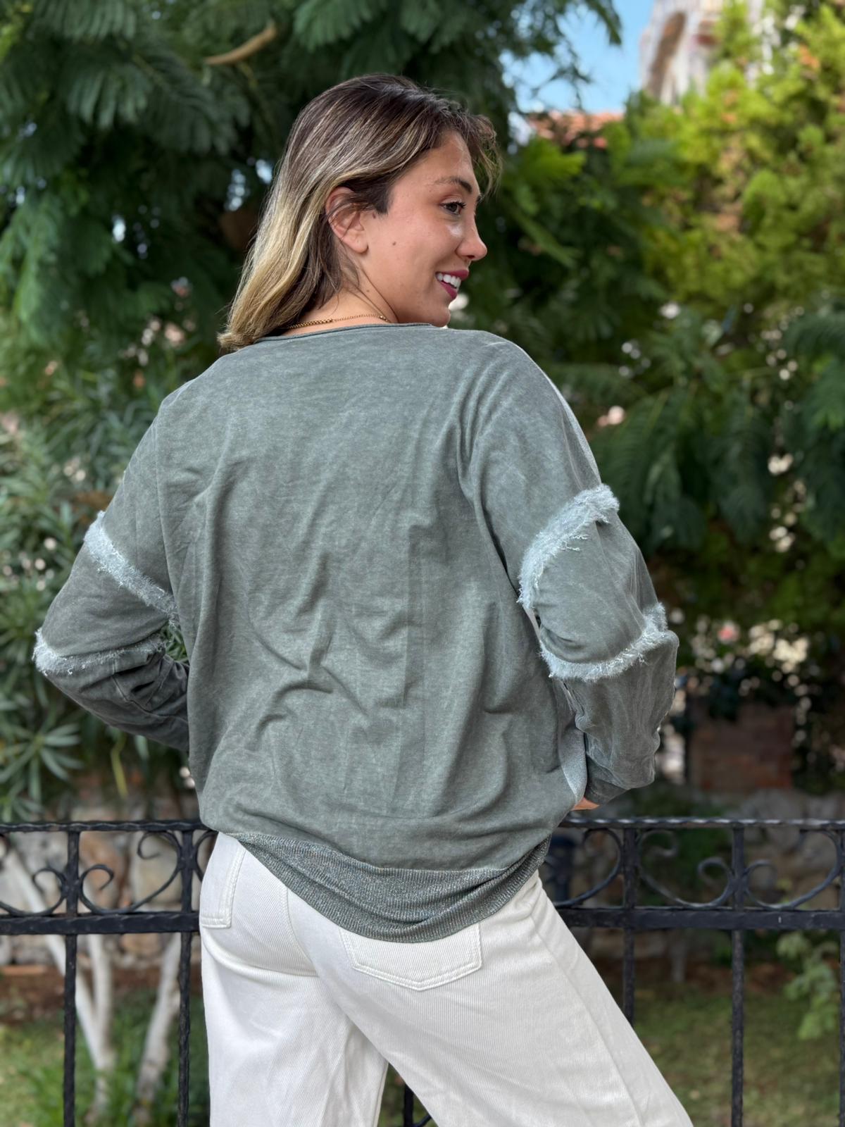 NC53659C İtalyan MIN Taşlı Coton Sweatshirt Haki