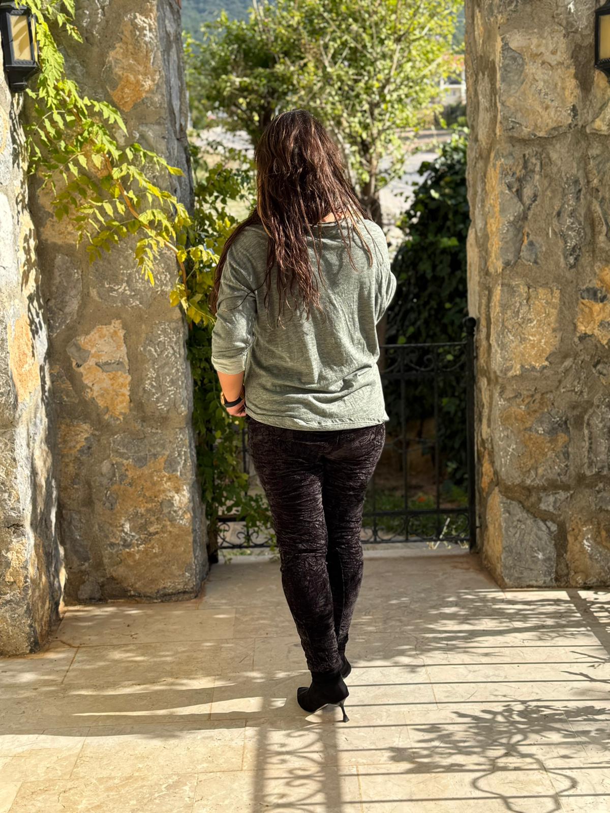 YG42030 Kalp Desenli Pullu İtalyan Triko Bluz Haki