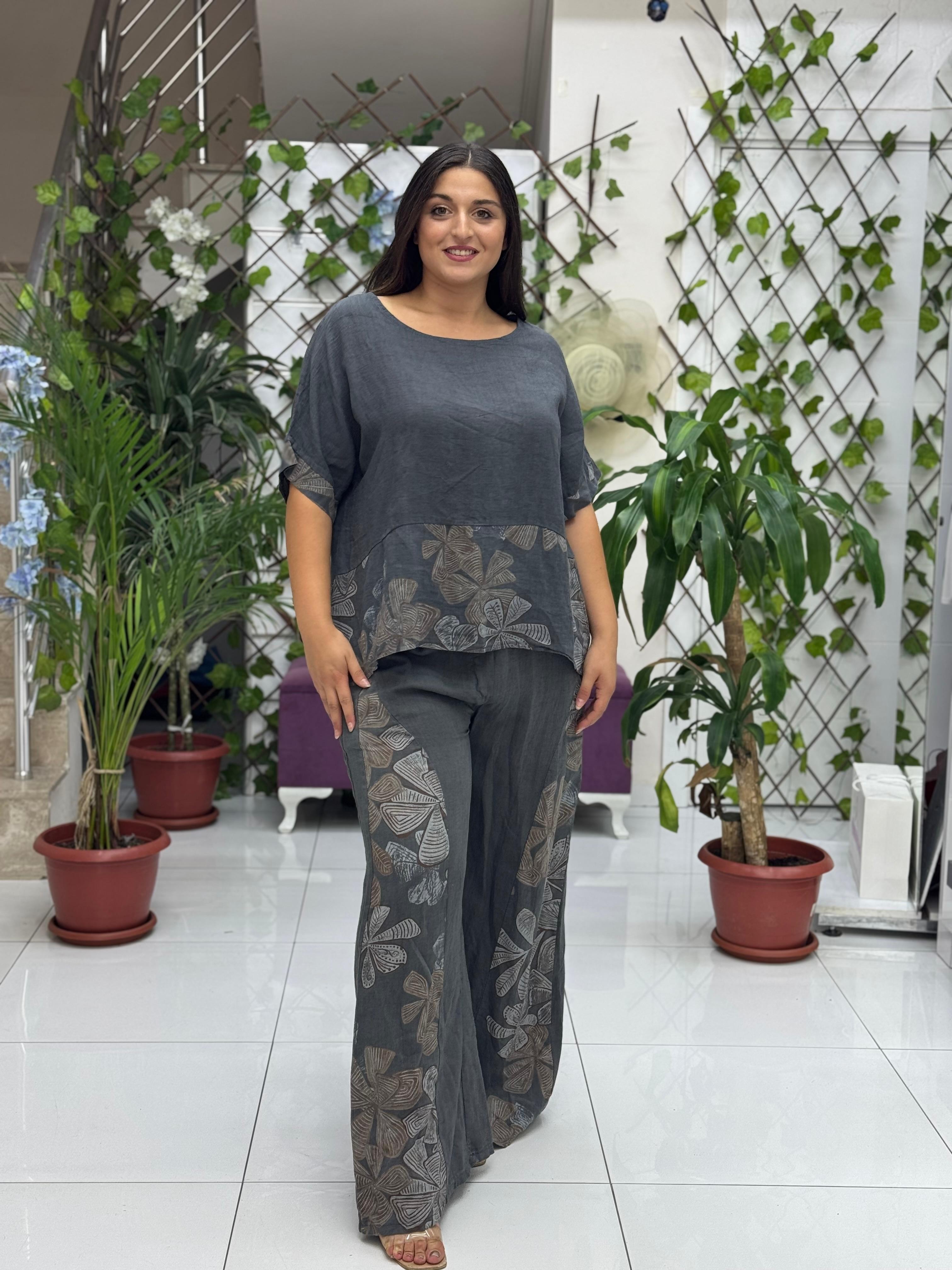 NC61253 İtalyan Çiçek Baskılı Keten Takım Füme