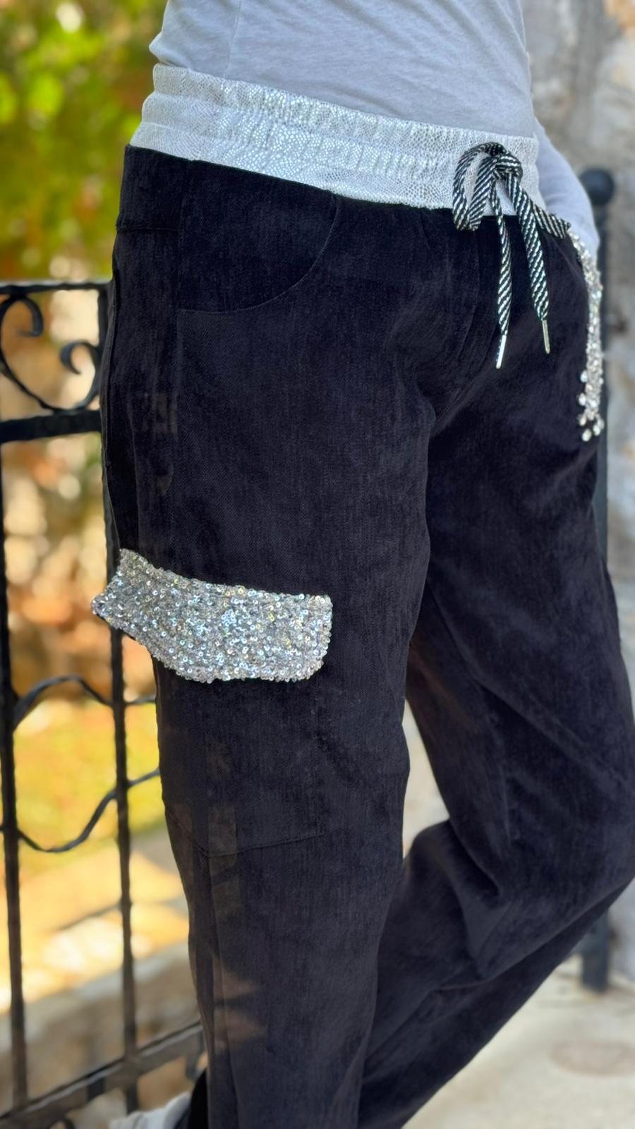 LS13220 İtalyan Cebi Taşlı Kadife Pantolon Siyah