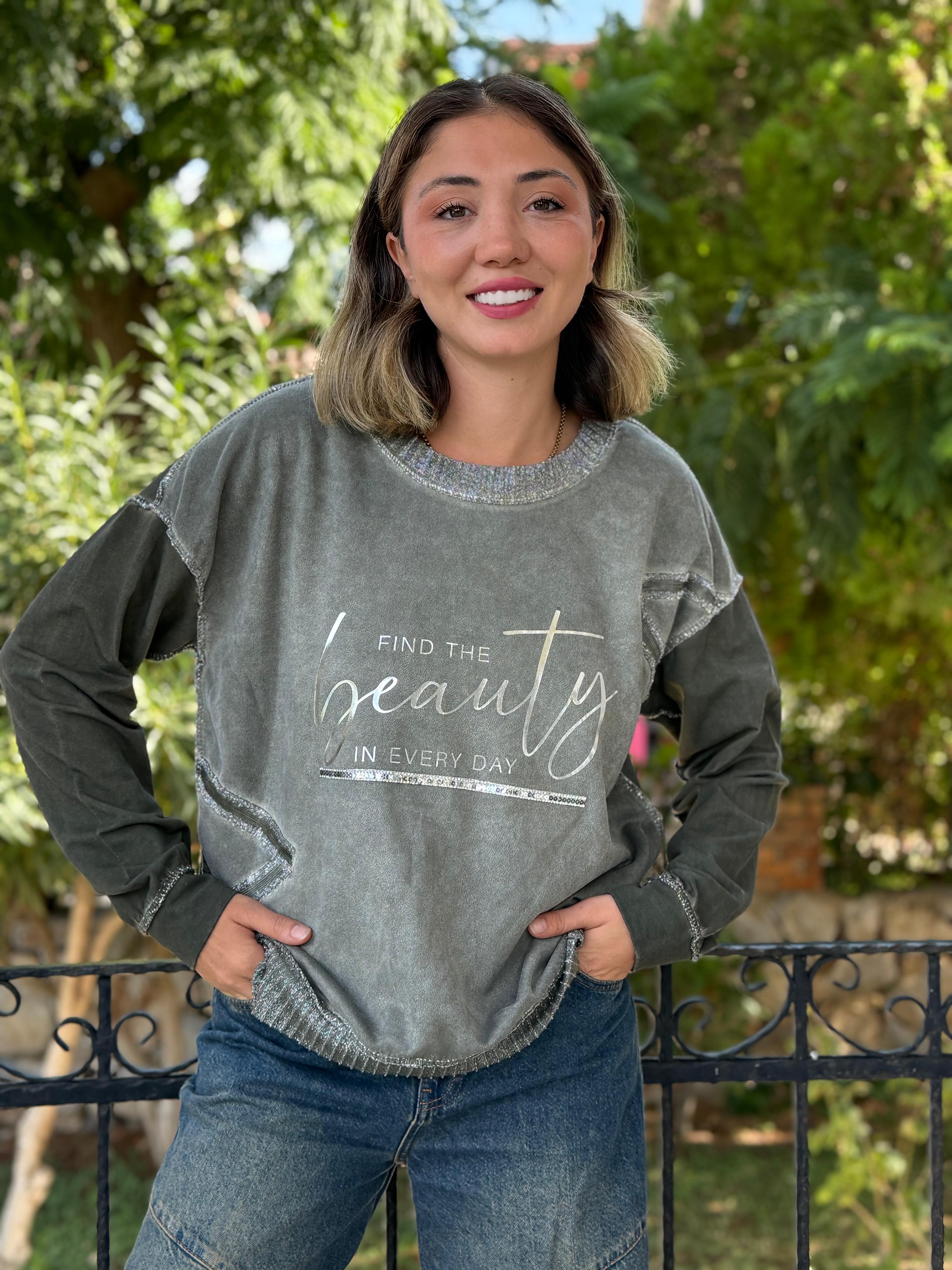 NC50793 İtalyan Beauty Yazılı Coton Sweatshirt Haki
