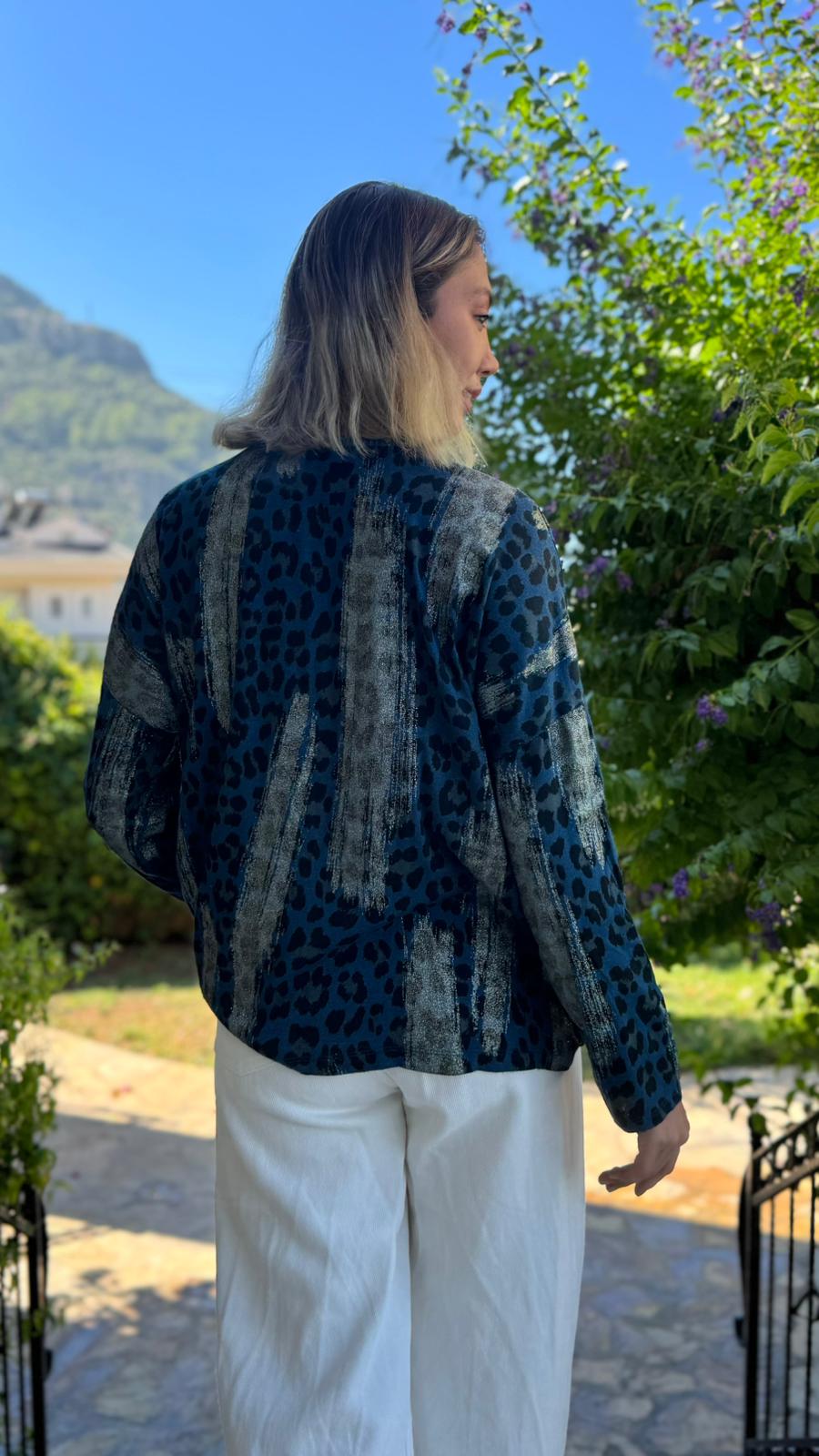 P245010 İtalyan Simli Leopar Bluz Lacivert