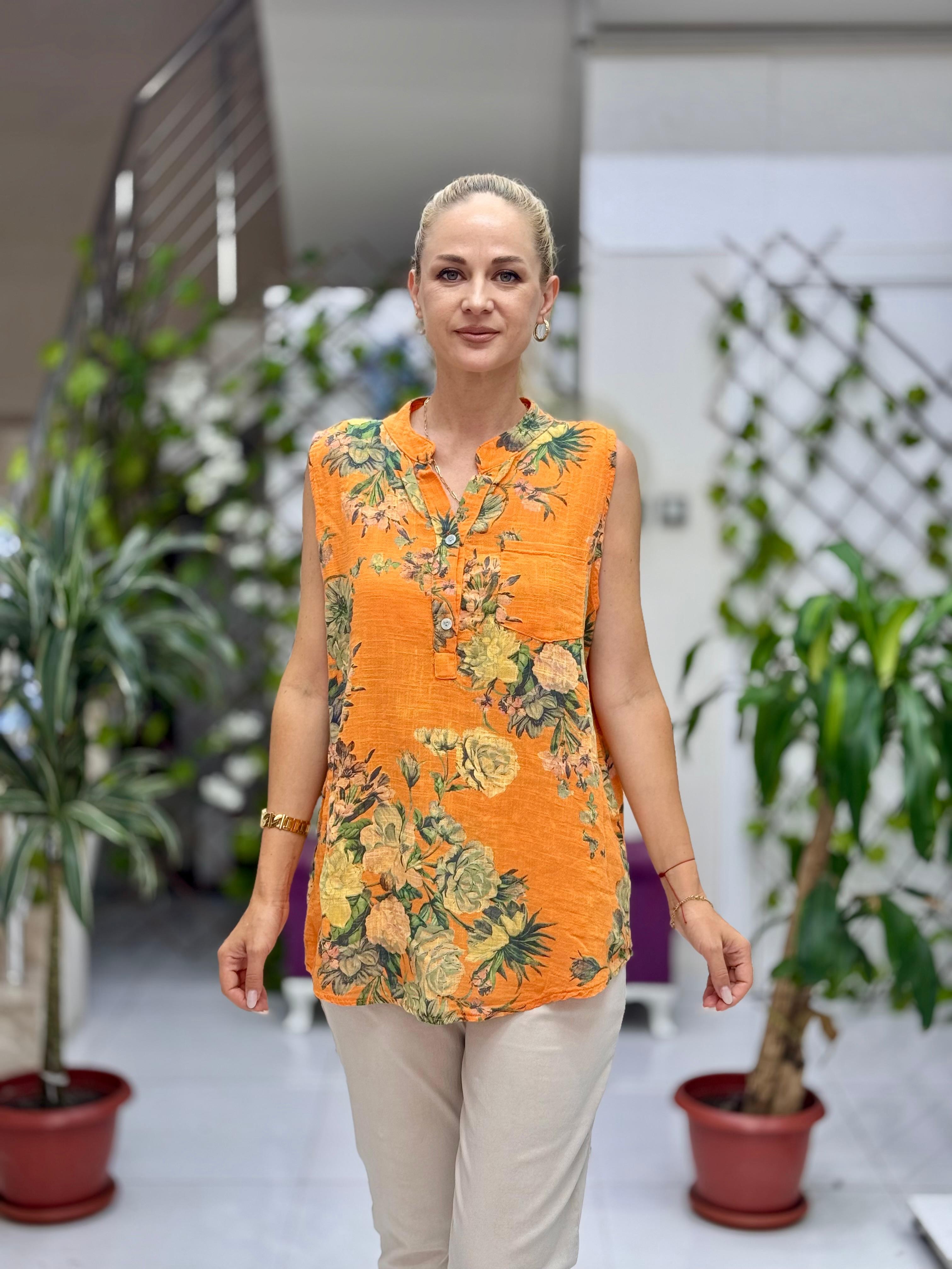 LS8819D Kolsuz Pamukketen Cepli İtalyan Bluz Oranj