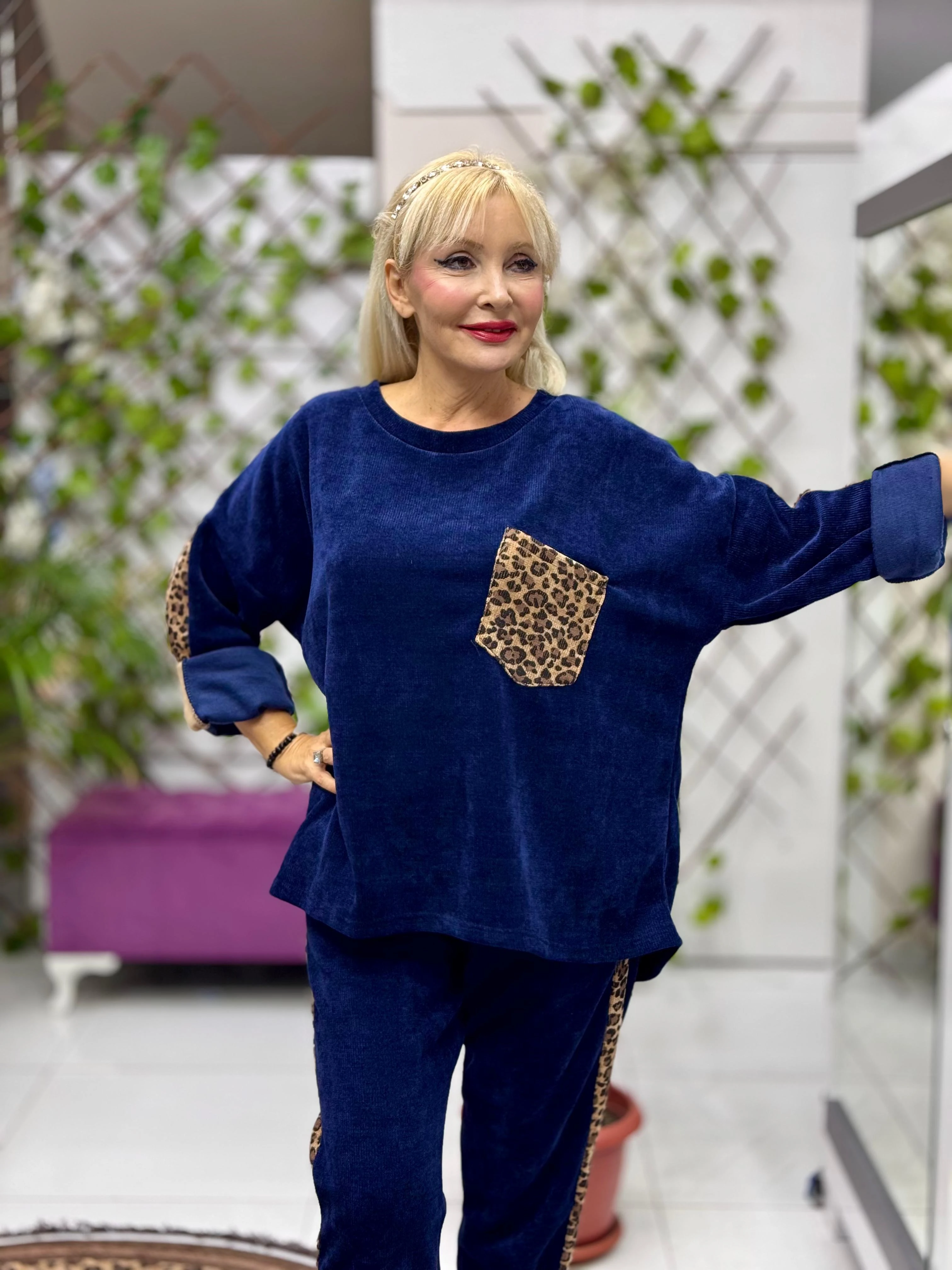 NC25183 Leopar Desenli Cep Detaylı İtalyan Kadife Takım Lacivert