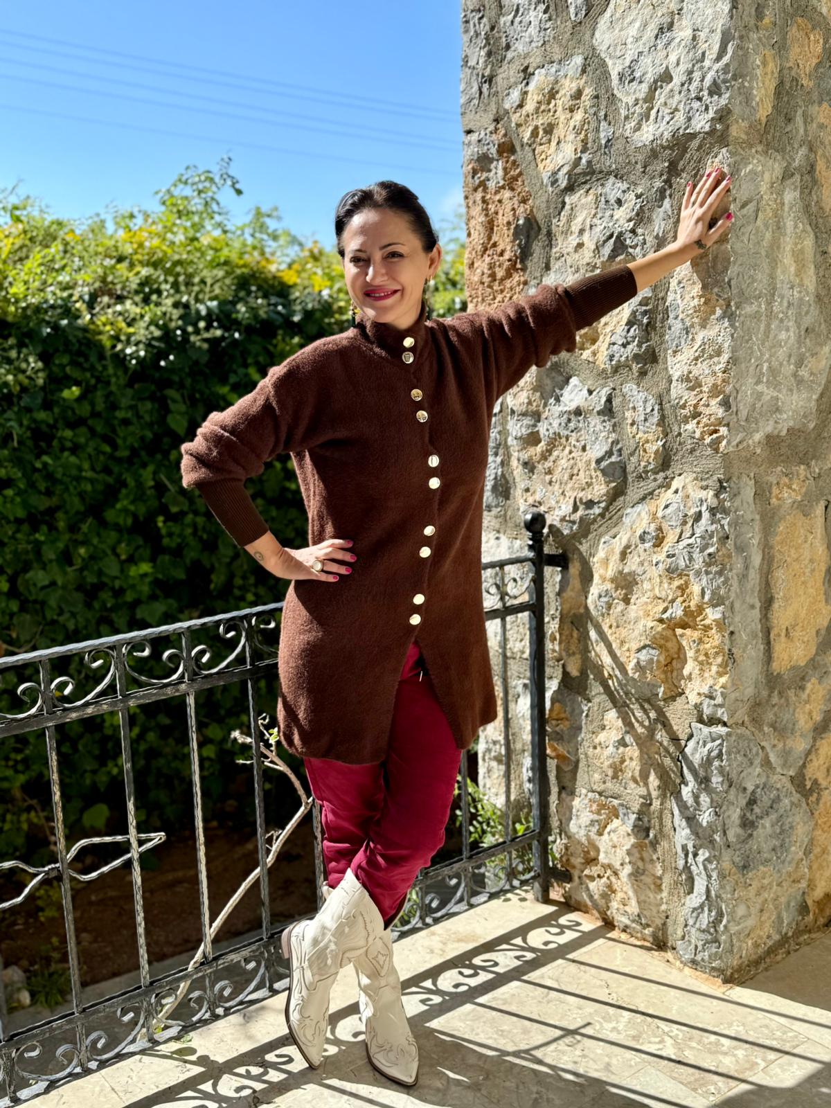 NC4079 Boydan Düğmeli Yün Kısa Hırka Kahverengi