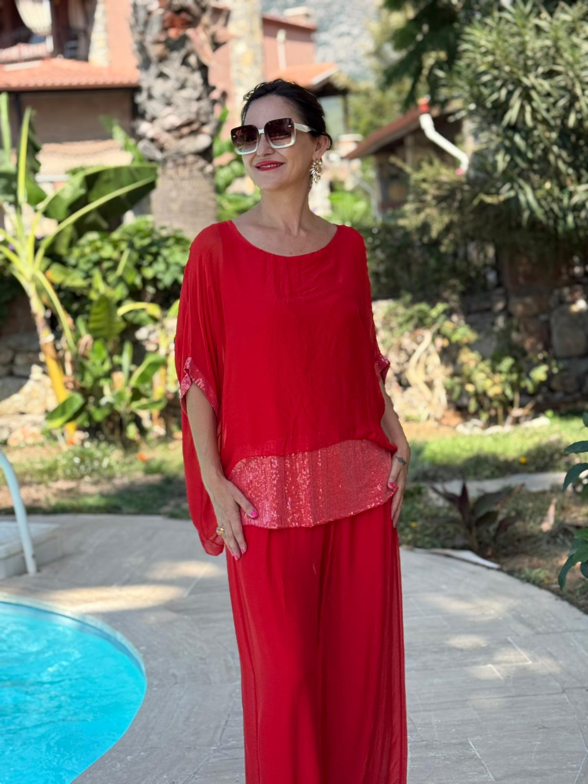 P3009 Traje italiano de seda con lentejuelas Rojo