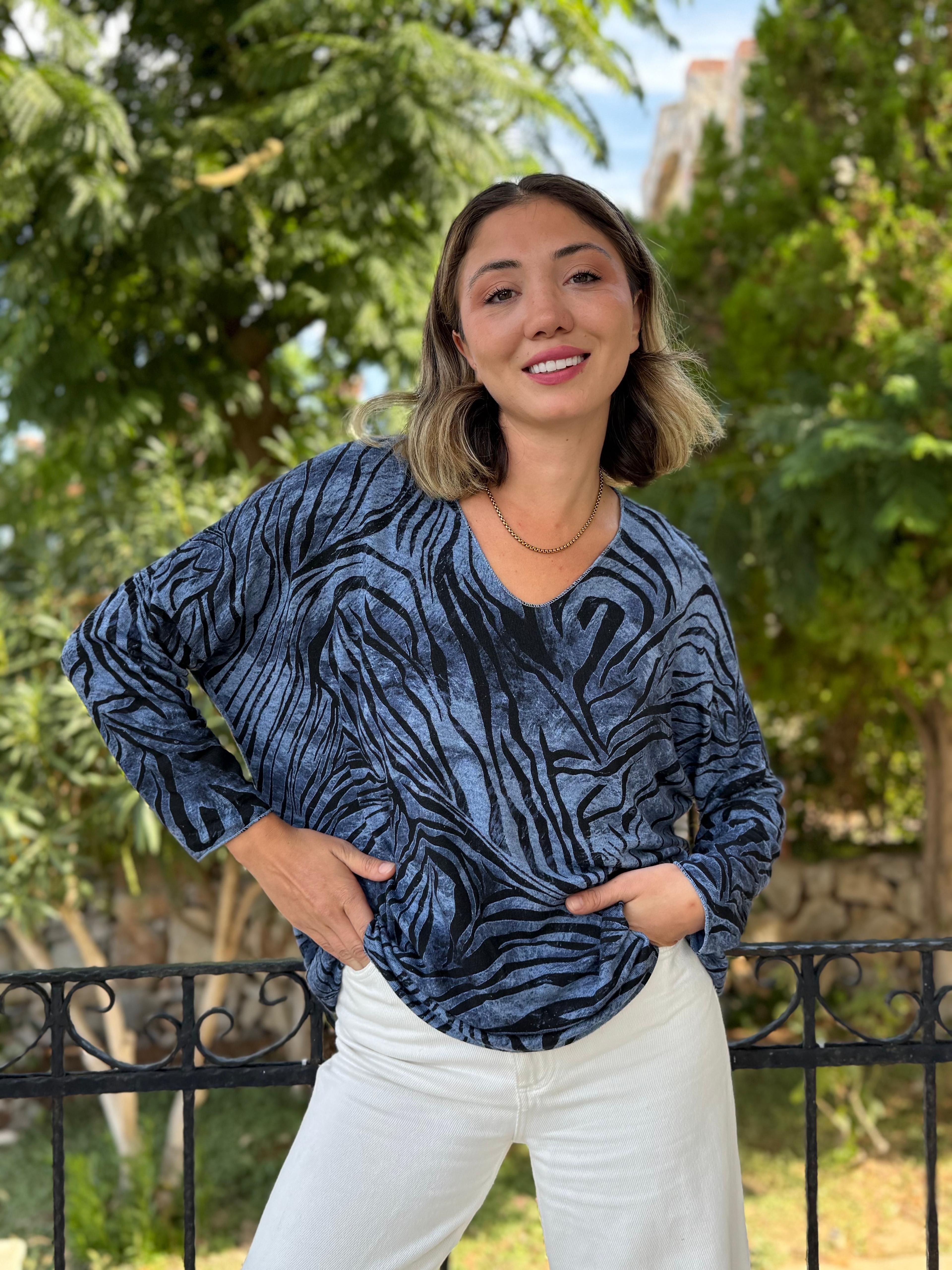 NC11285 İtalyan V Yaka Zebra Desenli Triko Bluz Mavi