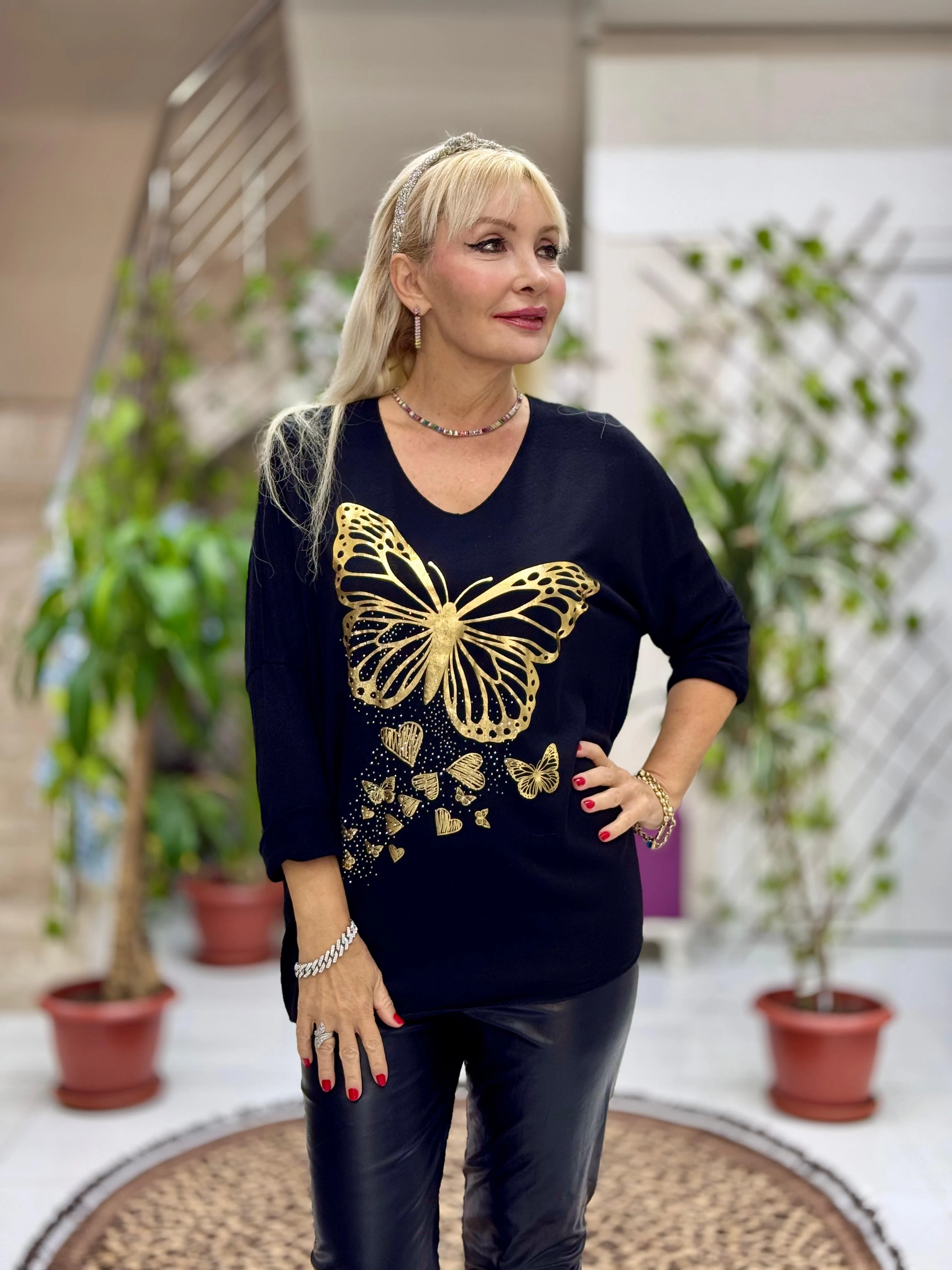 YG59100 İtalyan Taşlı ve Kelebek Baskılı Triko Bluz Siyah