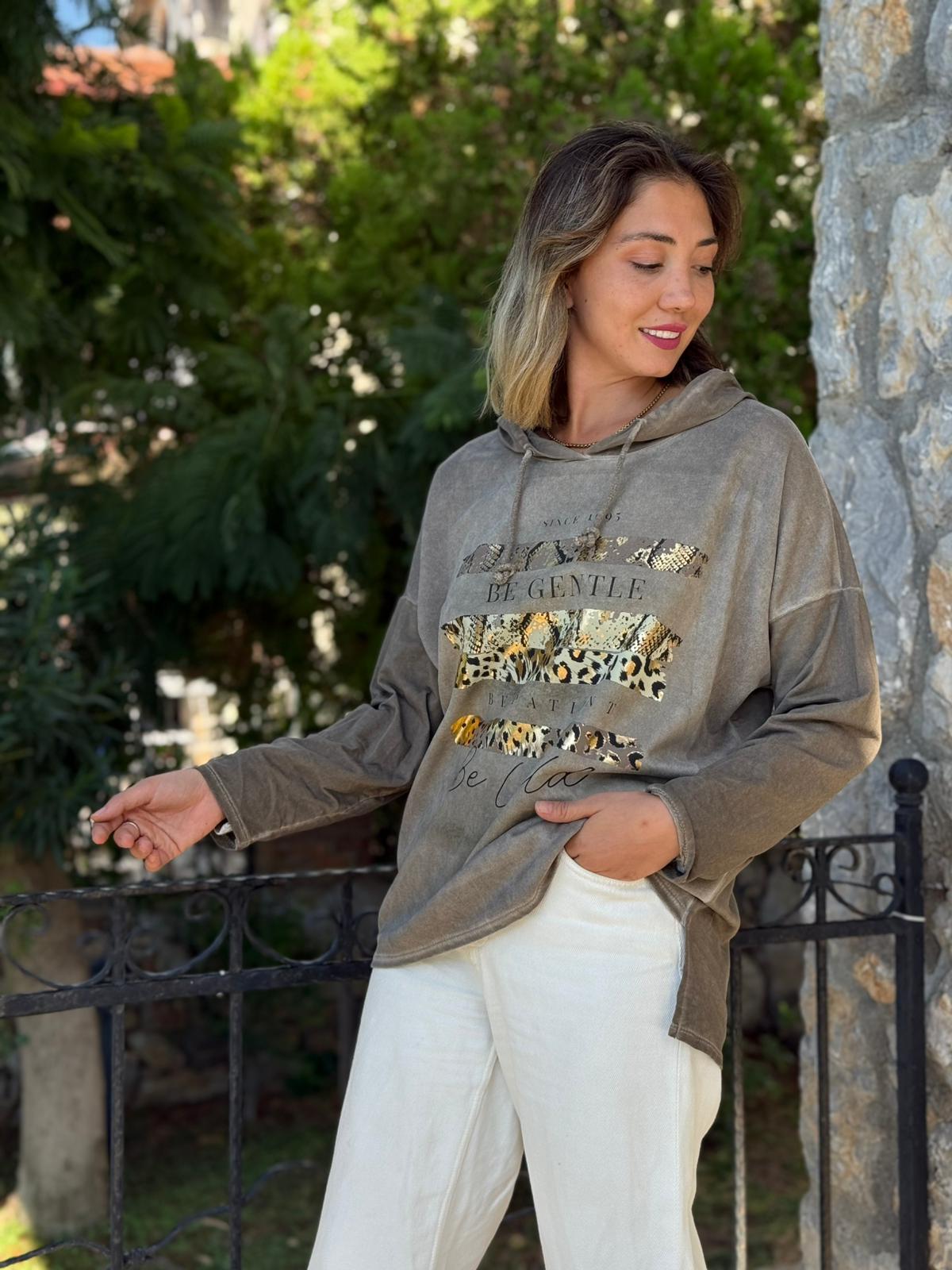 NC56152 İtalyan Leopar Baskılı Kapüşonlu Sweatshirt Vizon