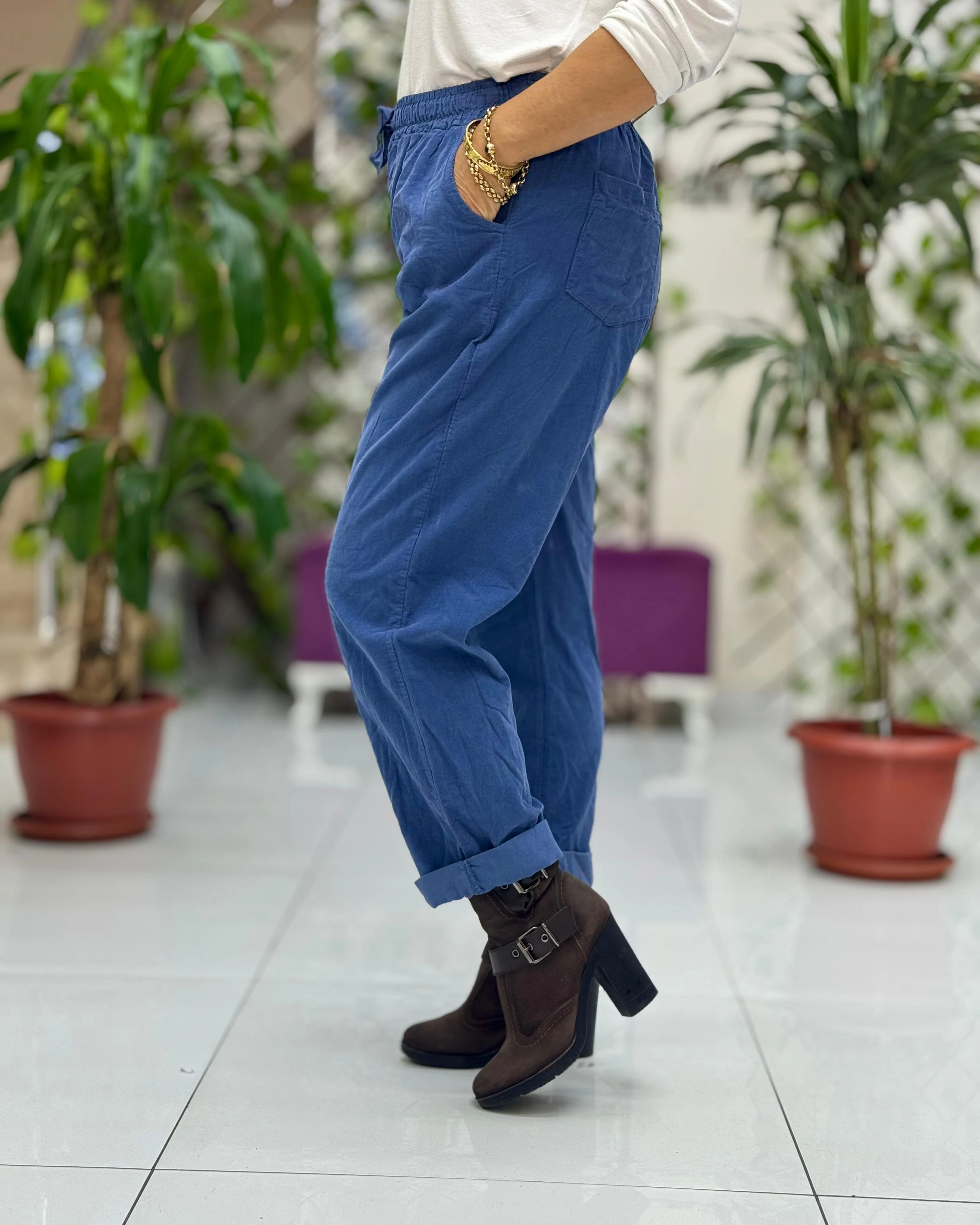 YG3005 Beli Bağcıklı İtalyan Kadife Pantolon Marin