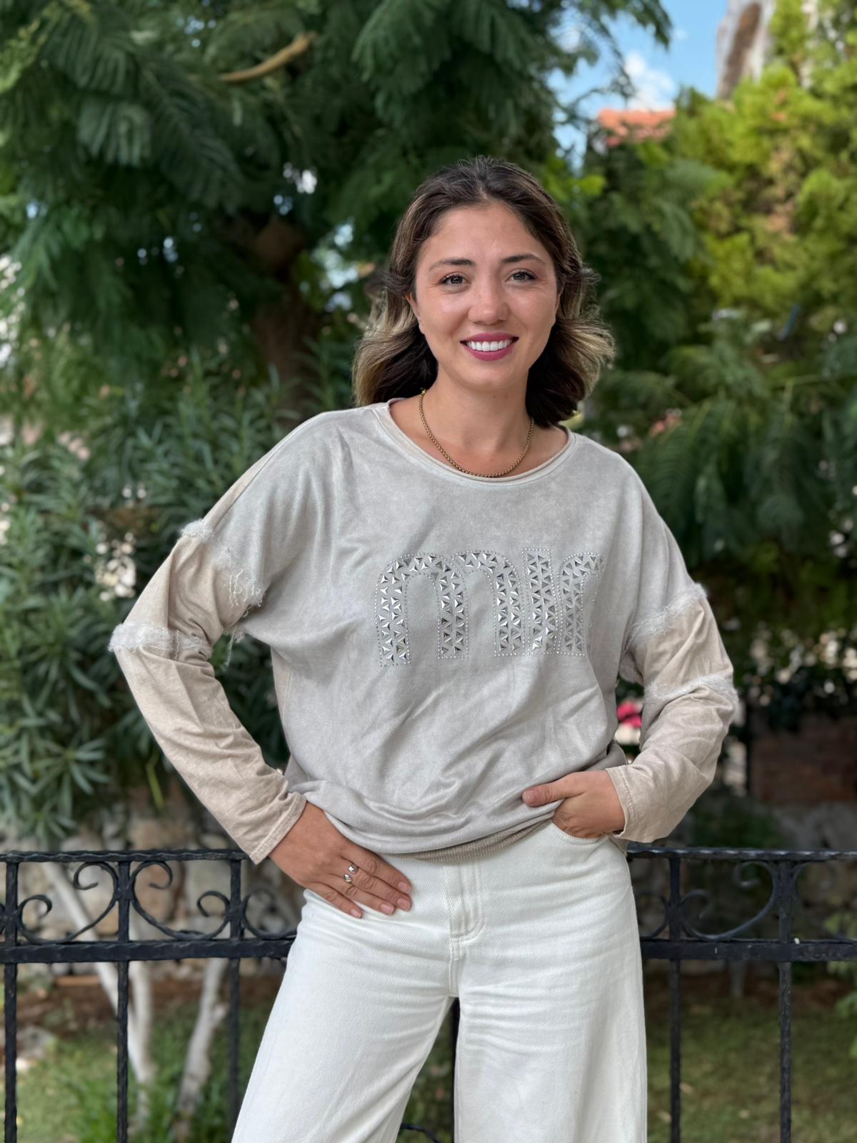 NC53659C İtalyan MIN Taşlı Coton Sweatshirt Krem