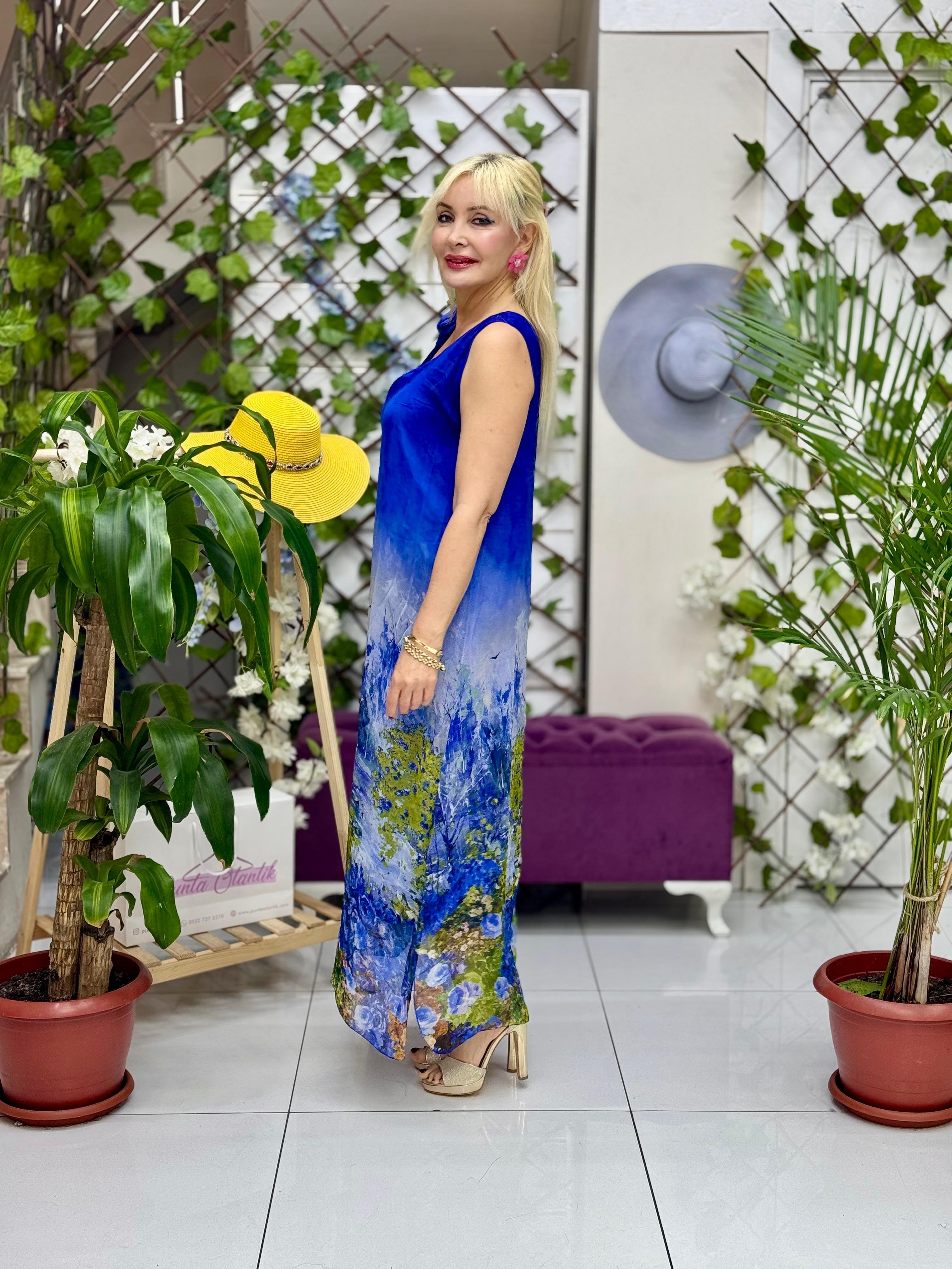 YG6204 İtalyan Omuz Bağlamalı İpek Elbise Saks