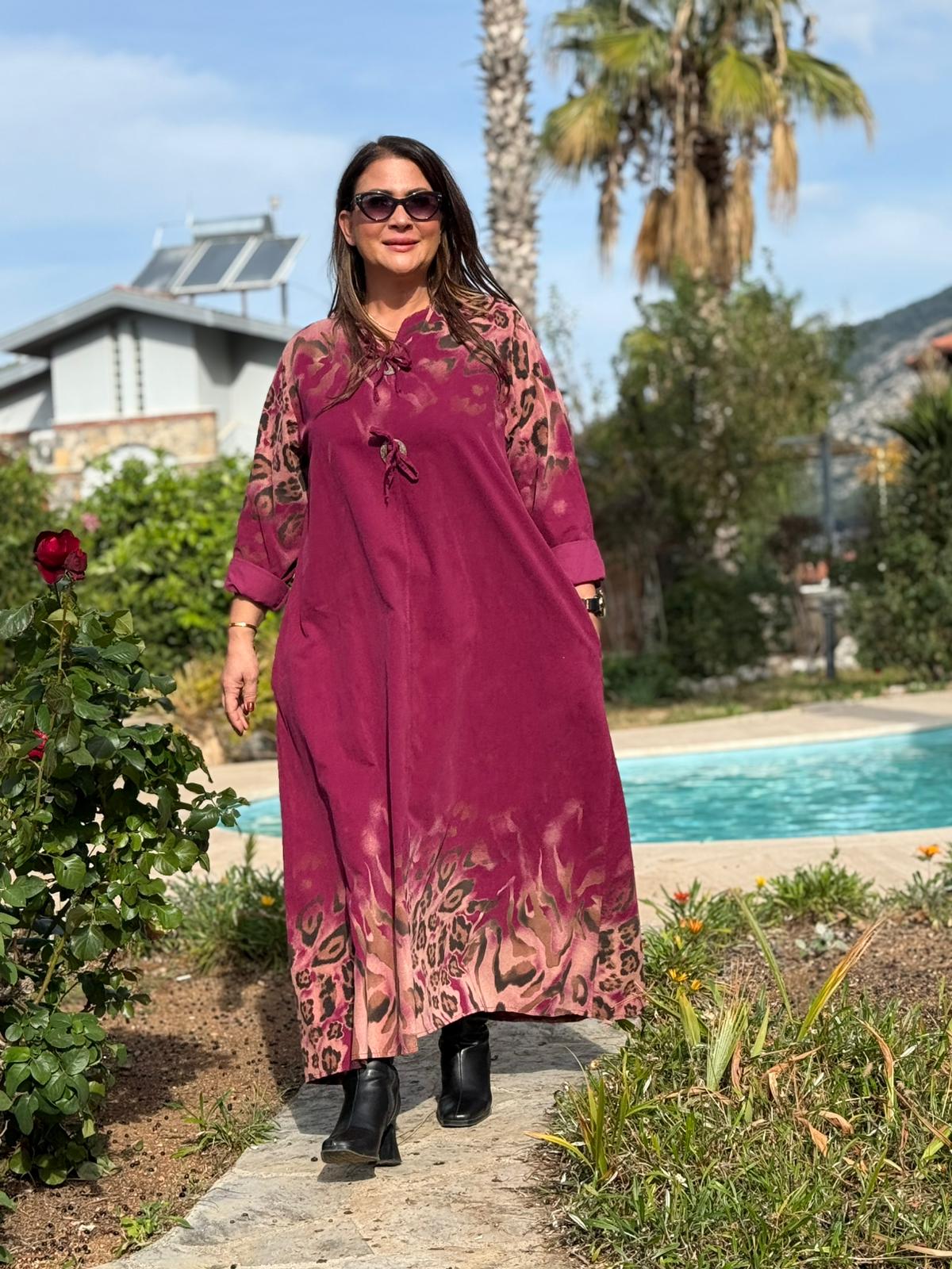 YG35027 İtalyan Leopar Desen Kadife Elbise Vişne