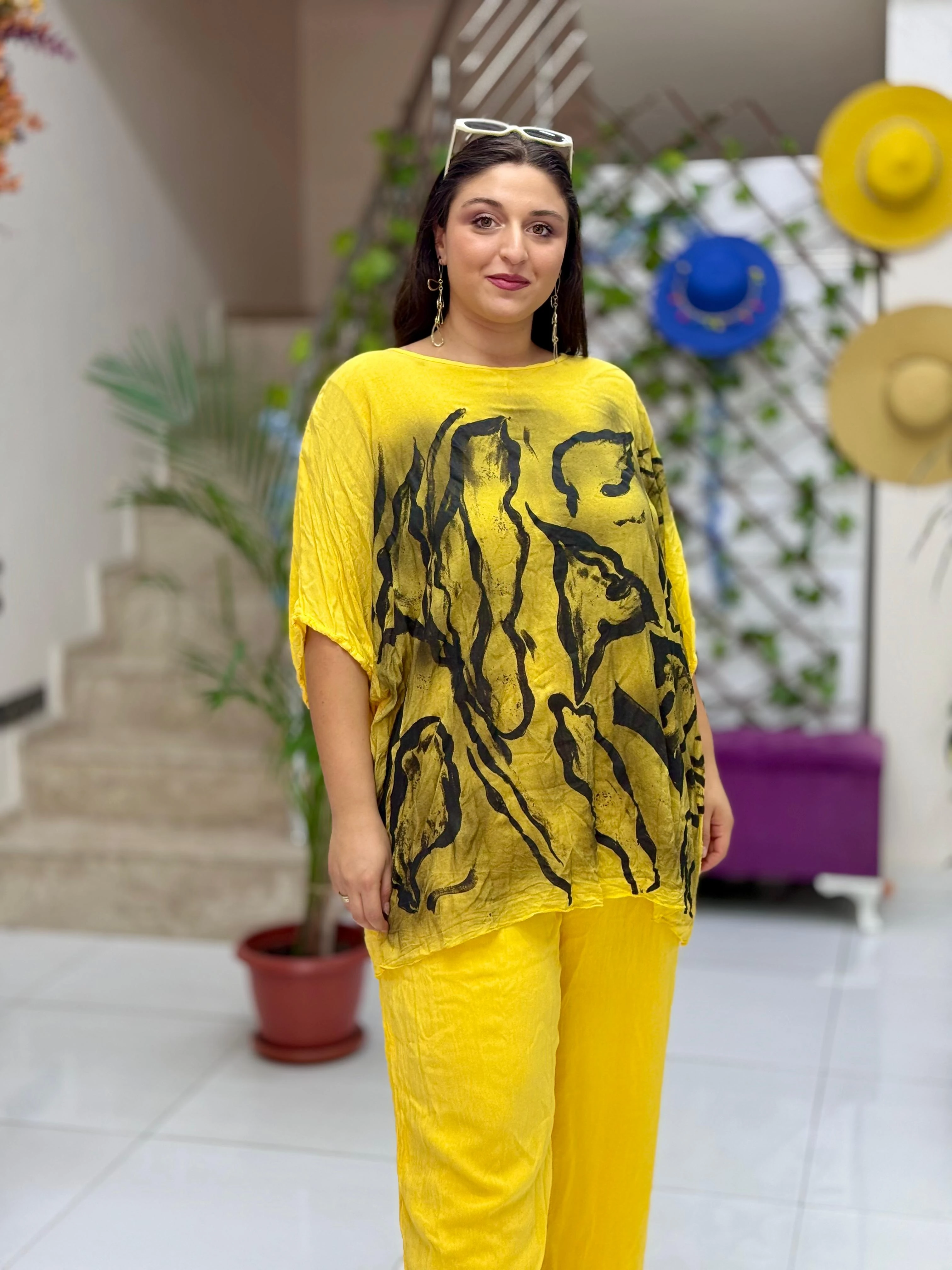 VL3159 %100 Vual Pamuk Bluz Pantolon Takım Sarı