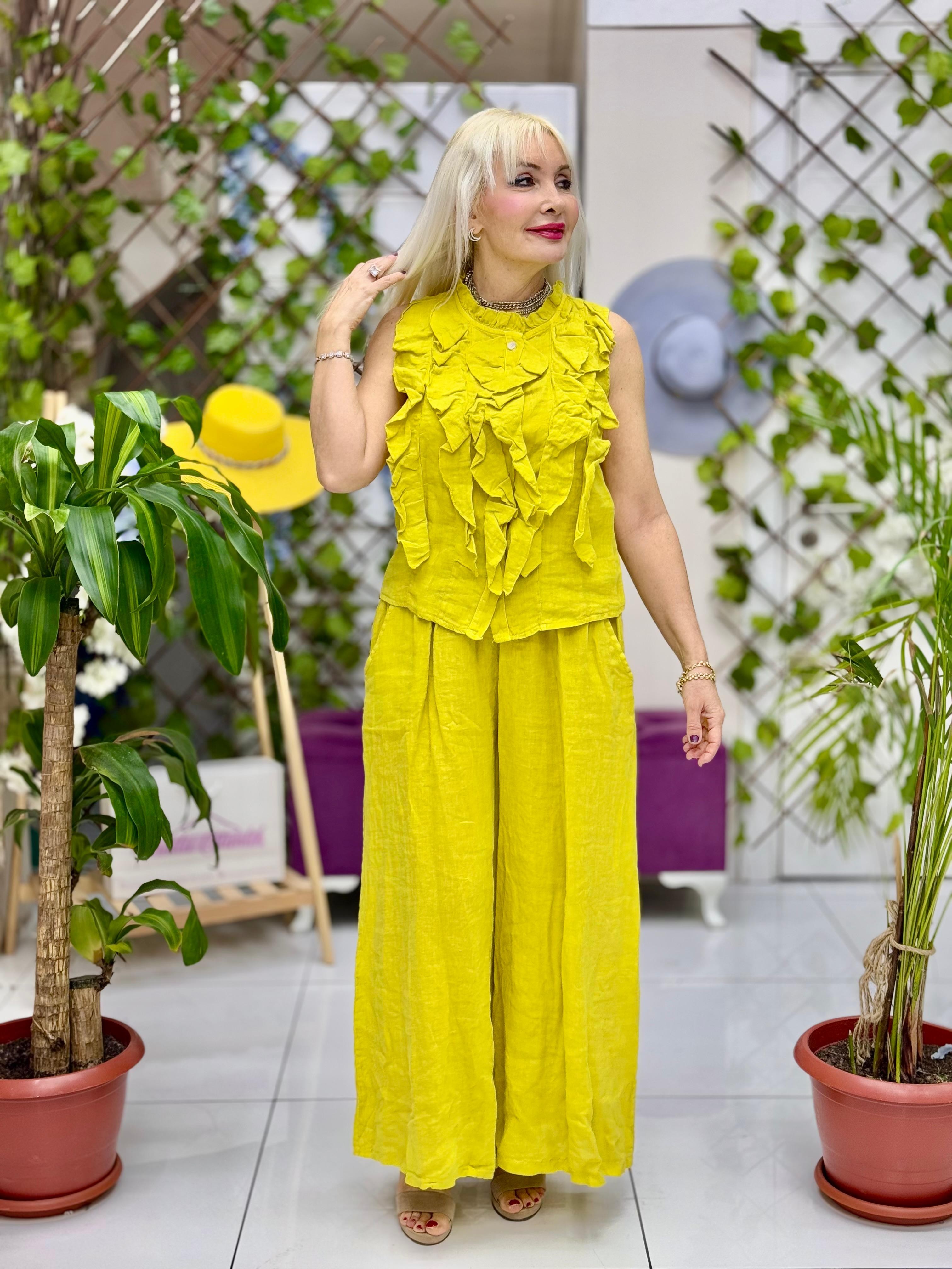 NC1548 Fırfırlı Yelekli Keten Takım Limon