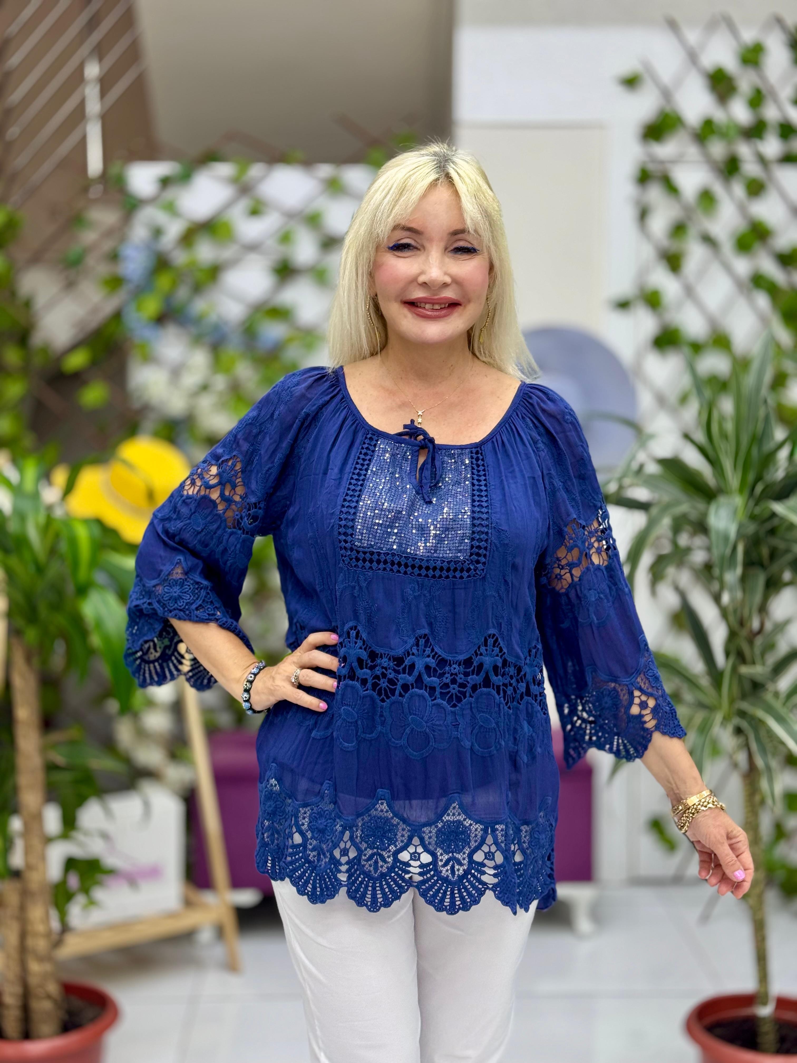 NC20428 İtalyan Klasik İpek Bluz Lacivert