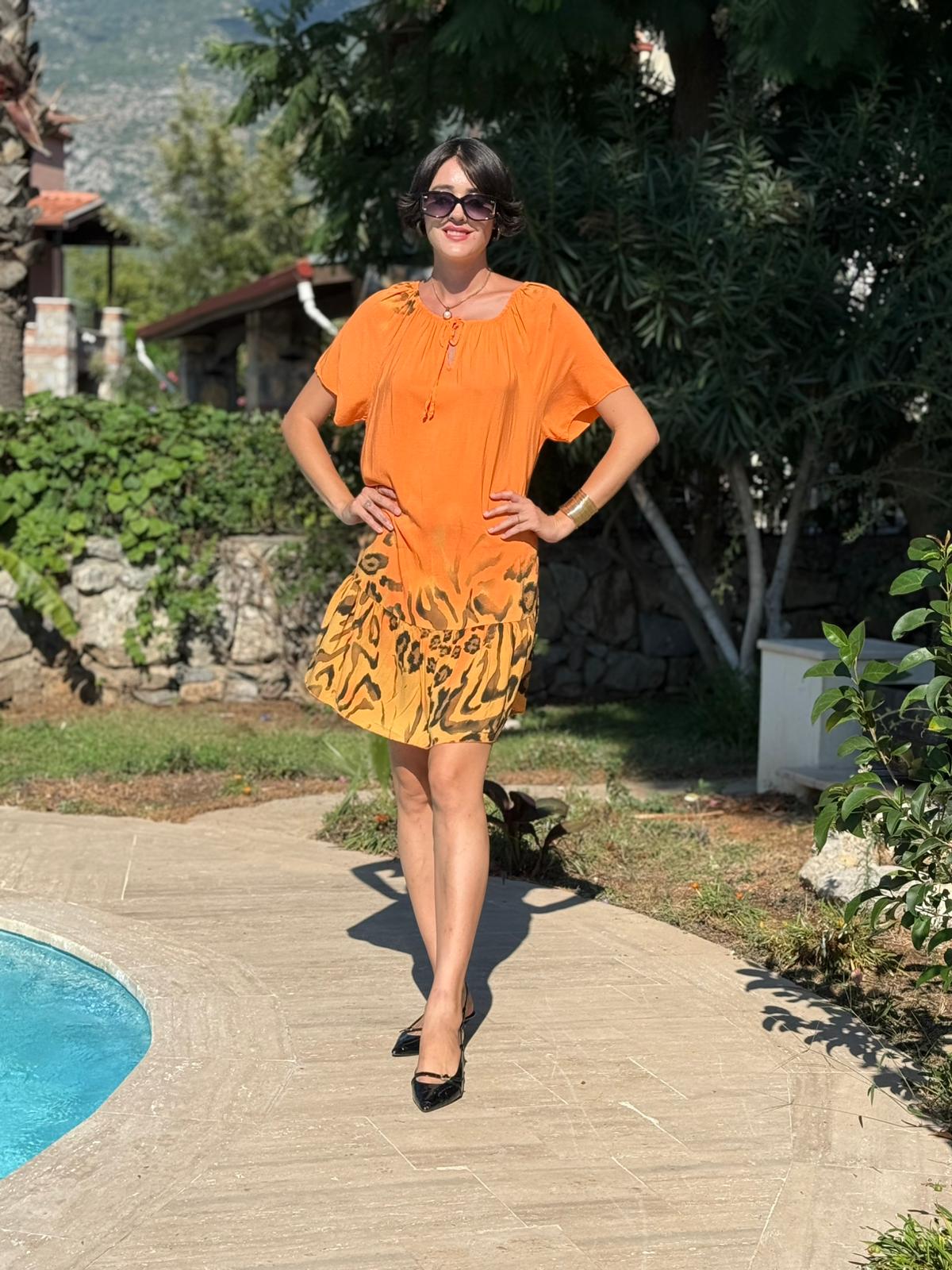 NC10526 İtalyan Yaka Lastikli Leoparlı Coton Elbise Oranj