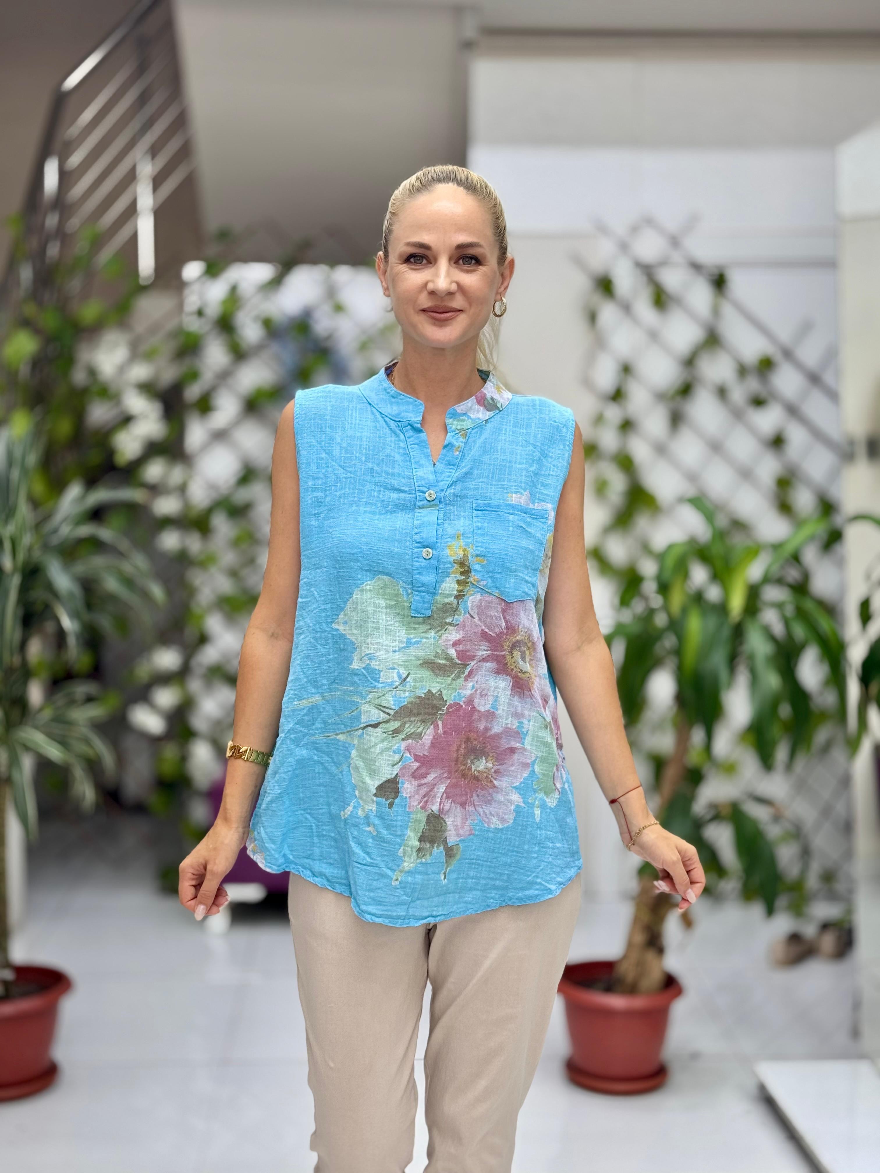 LS8819A Kolsuz Pamukketen Cepli İtalyan Bluz Mavi