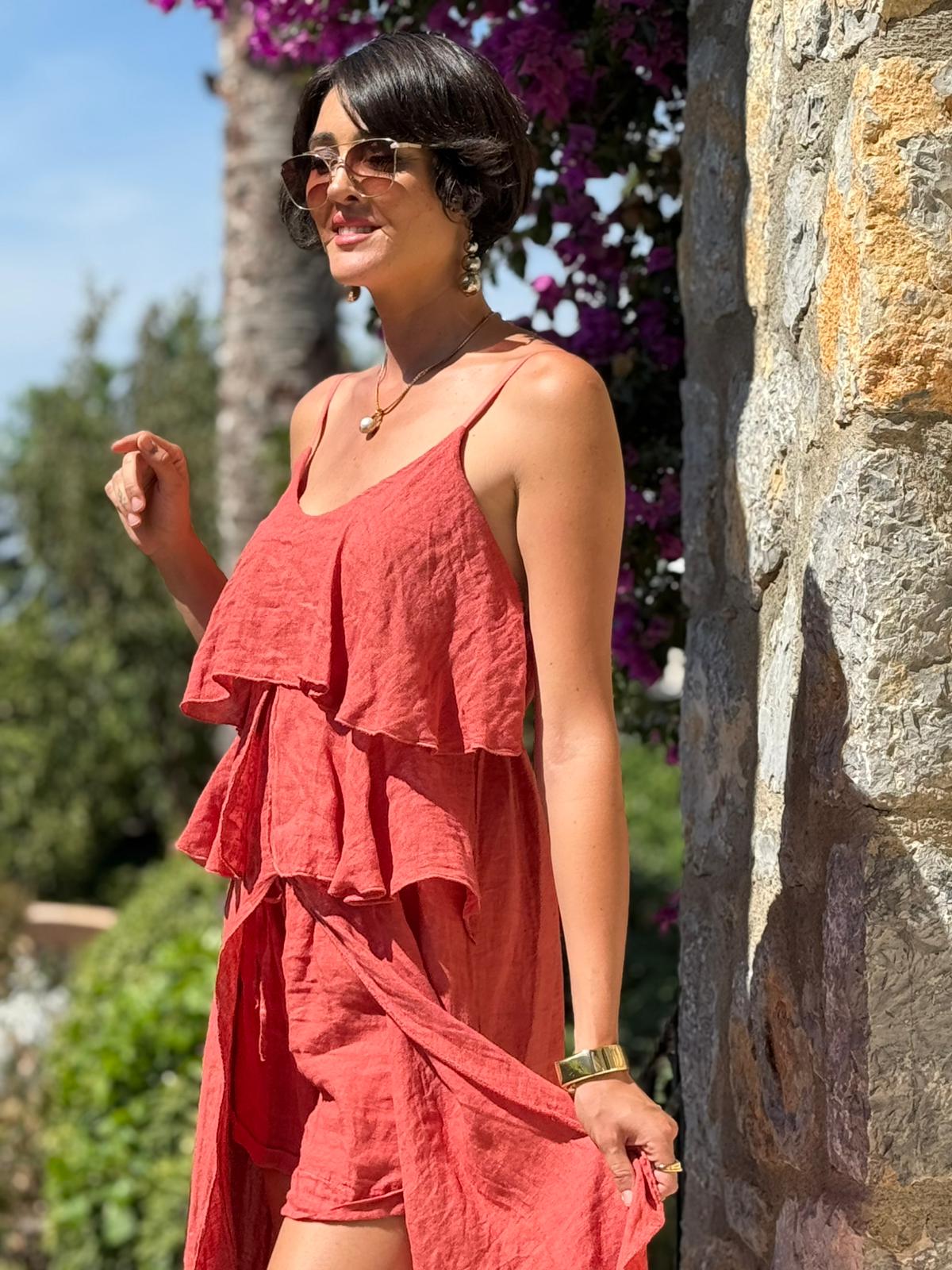 NC13179 İtalyan Keten Şortlu Takım Kiremit