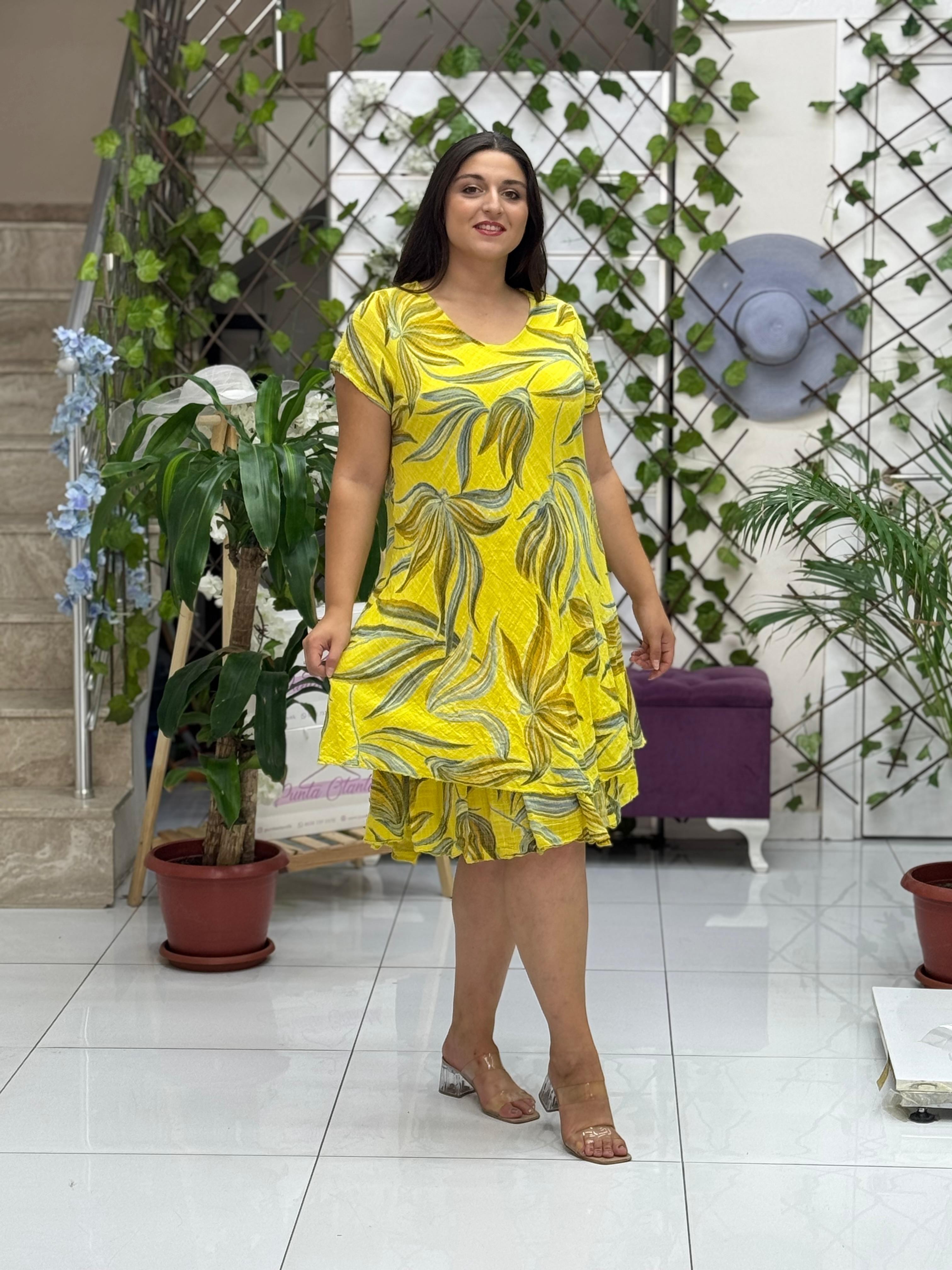 NC50122İtalyan Kısa Kol Pamuk Keten Elbise Sarı