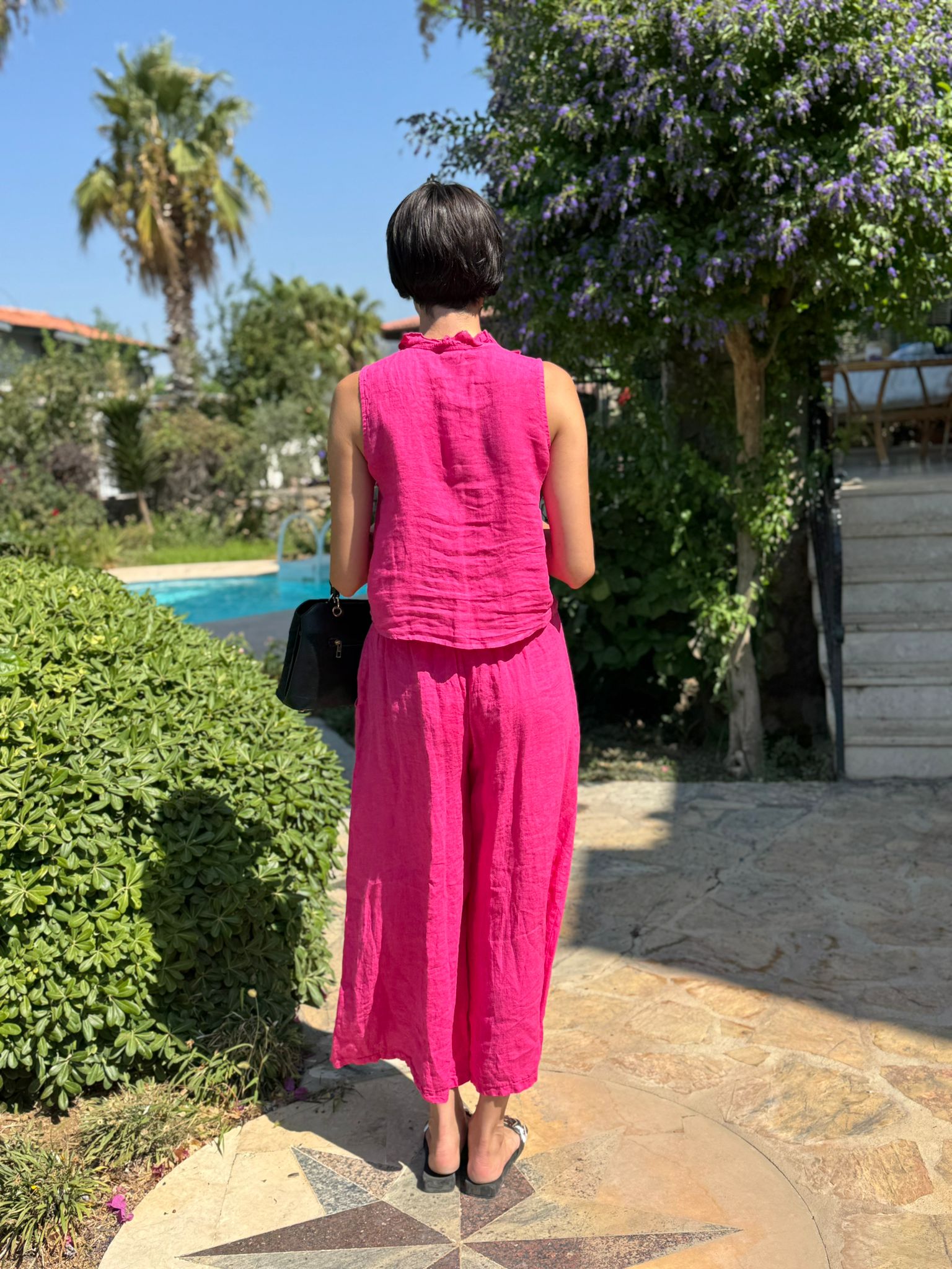 NC14092 Fırfırlı Kolsuz İtalyan Keten Takım Pembe