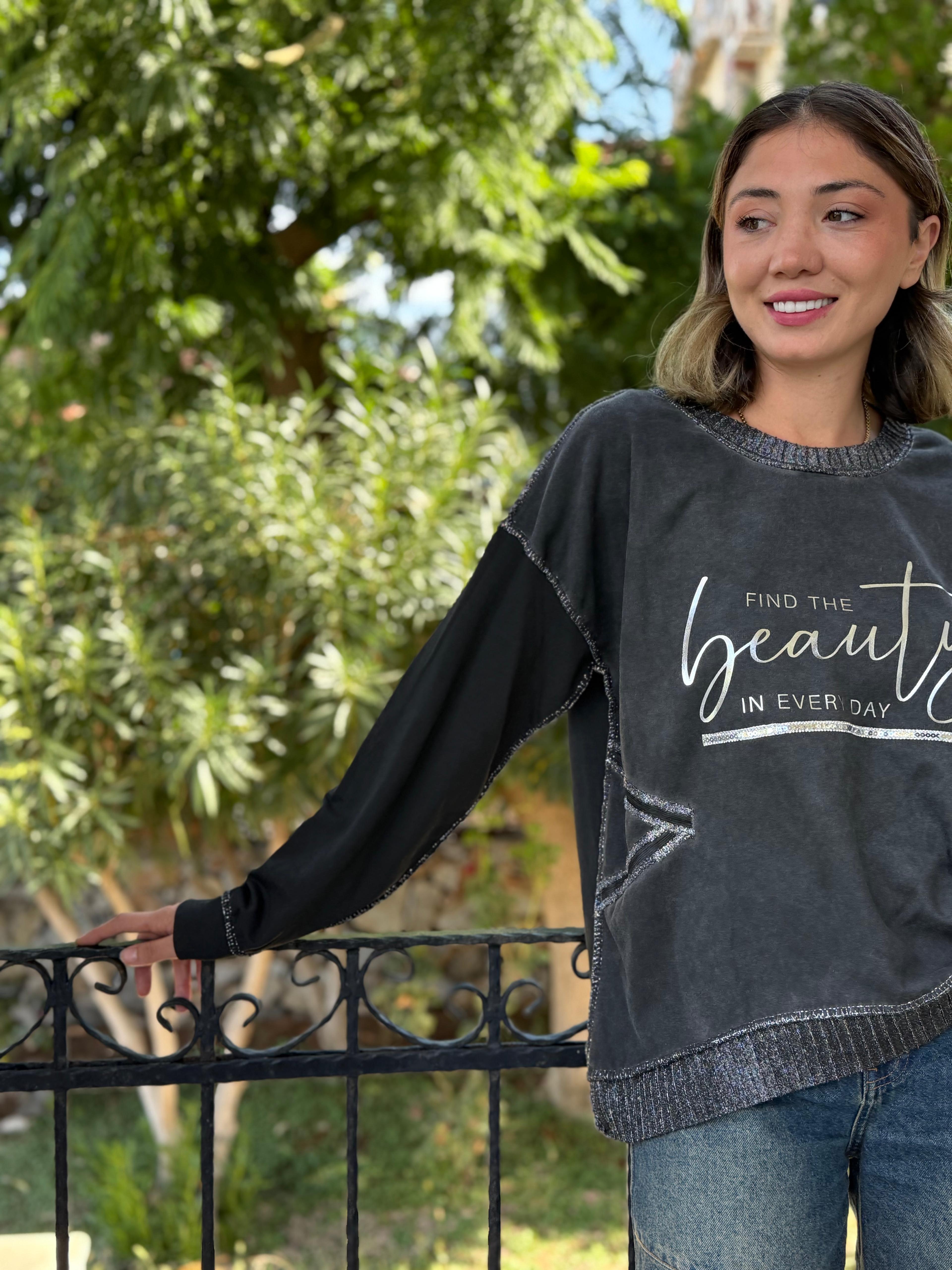 NC50793 İtalyan Beauty Yazılı Coton Sweatshirt Füme