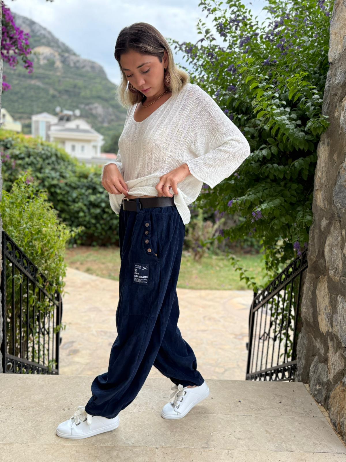 LS2203 İtalyan Kemerli Kadife Pantolon Lacivert