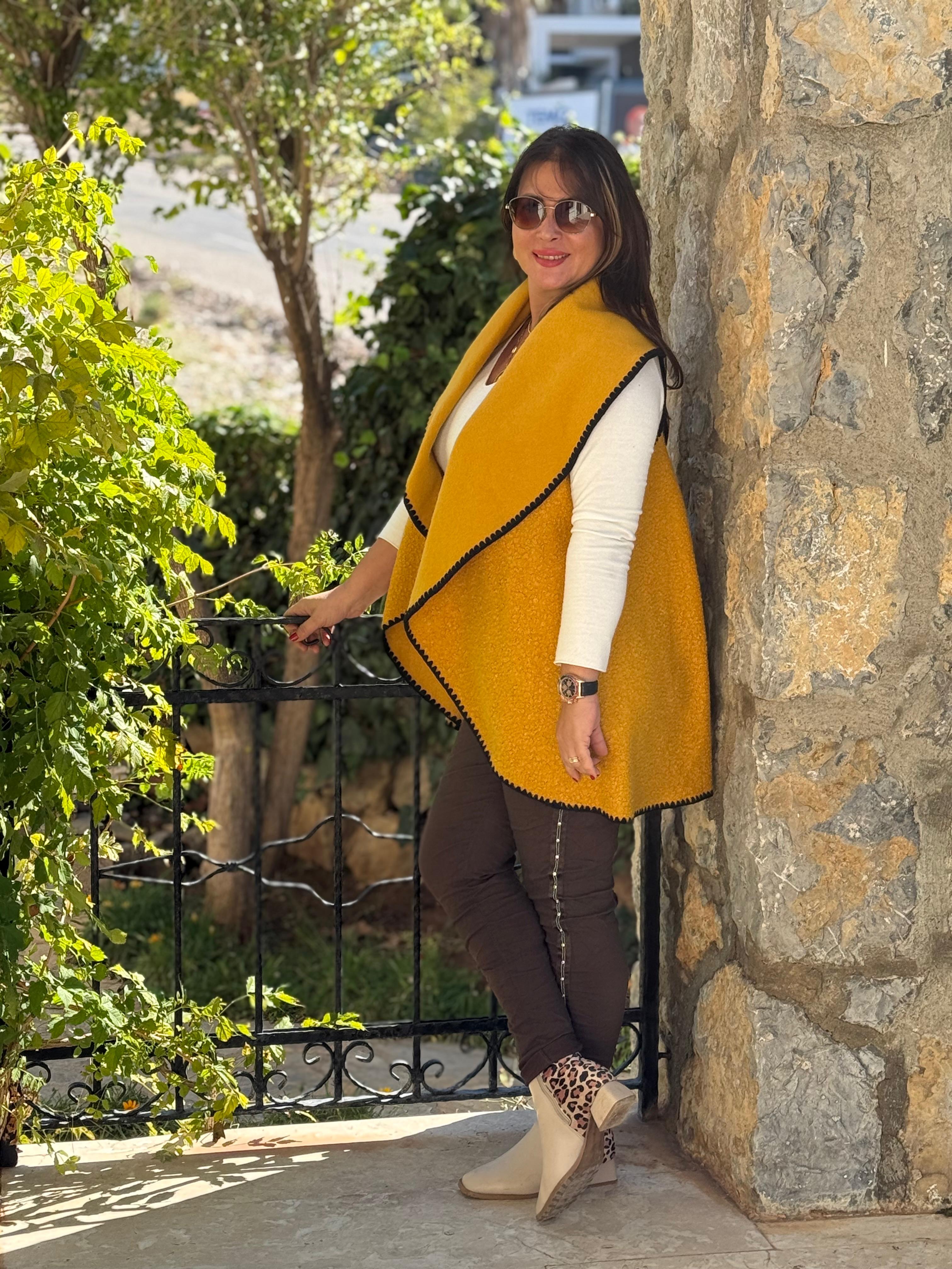 YG3698 Dökümlü İtalyan Buklet Yelek Hardal