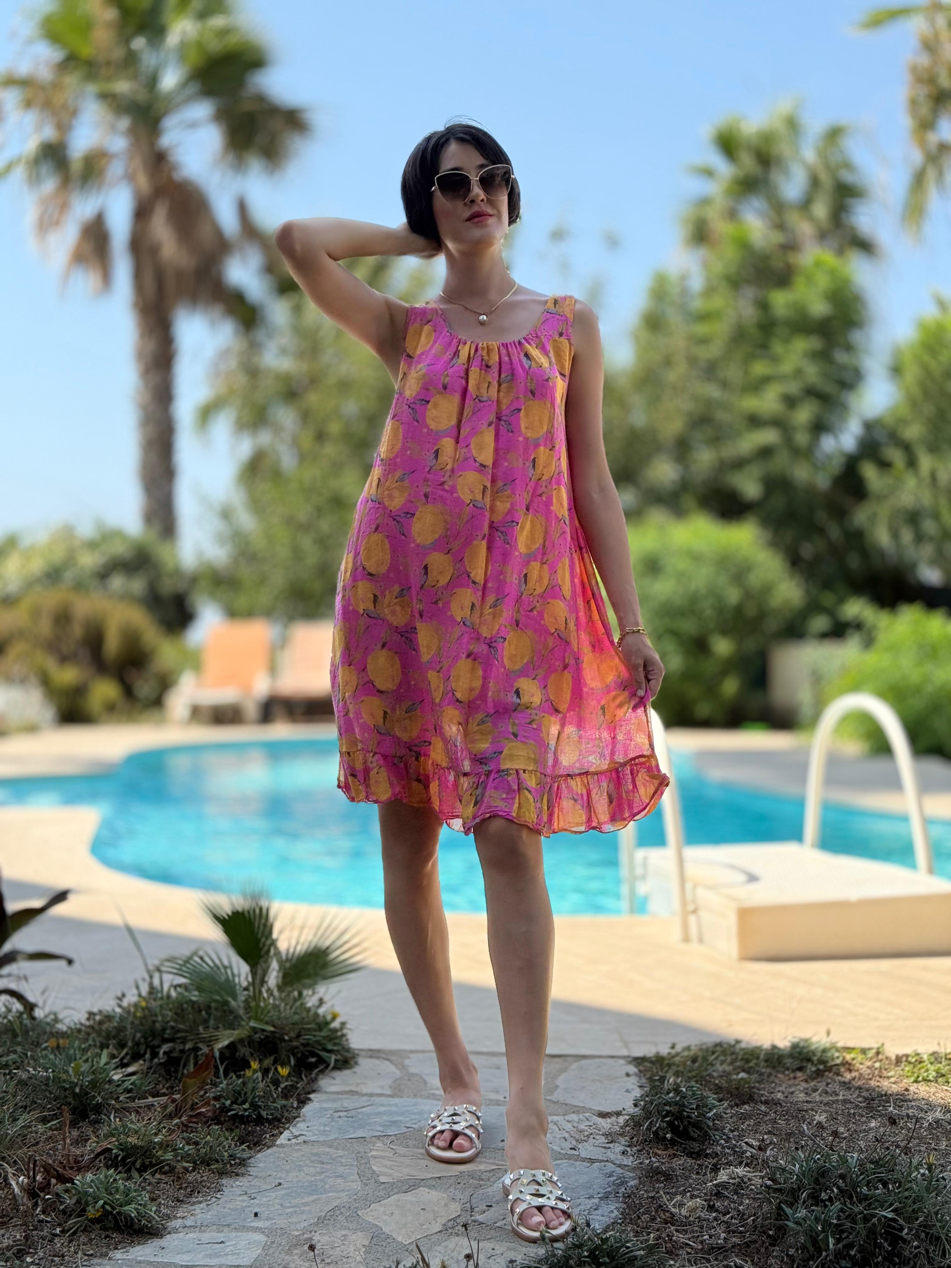 YG205030 İtalyan Coton  Limon Desen Elbise Pembe