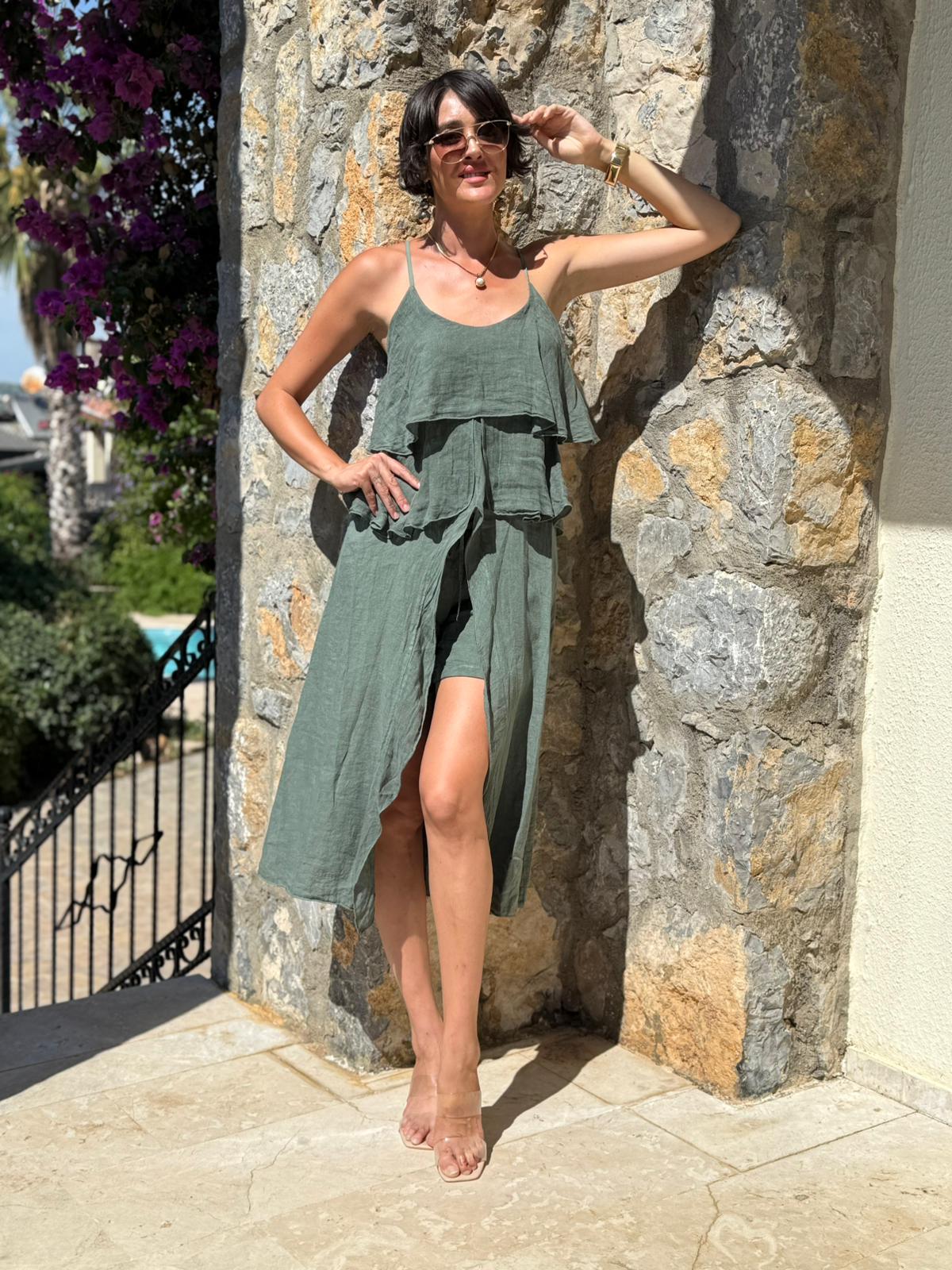 NC13179 İtalyan Keten Şortlu Takım Çağla