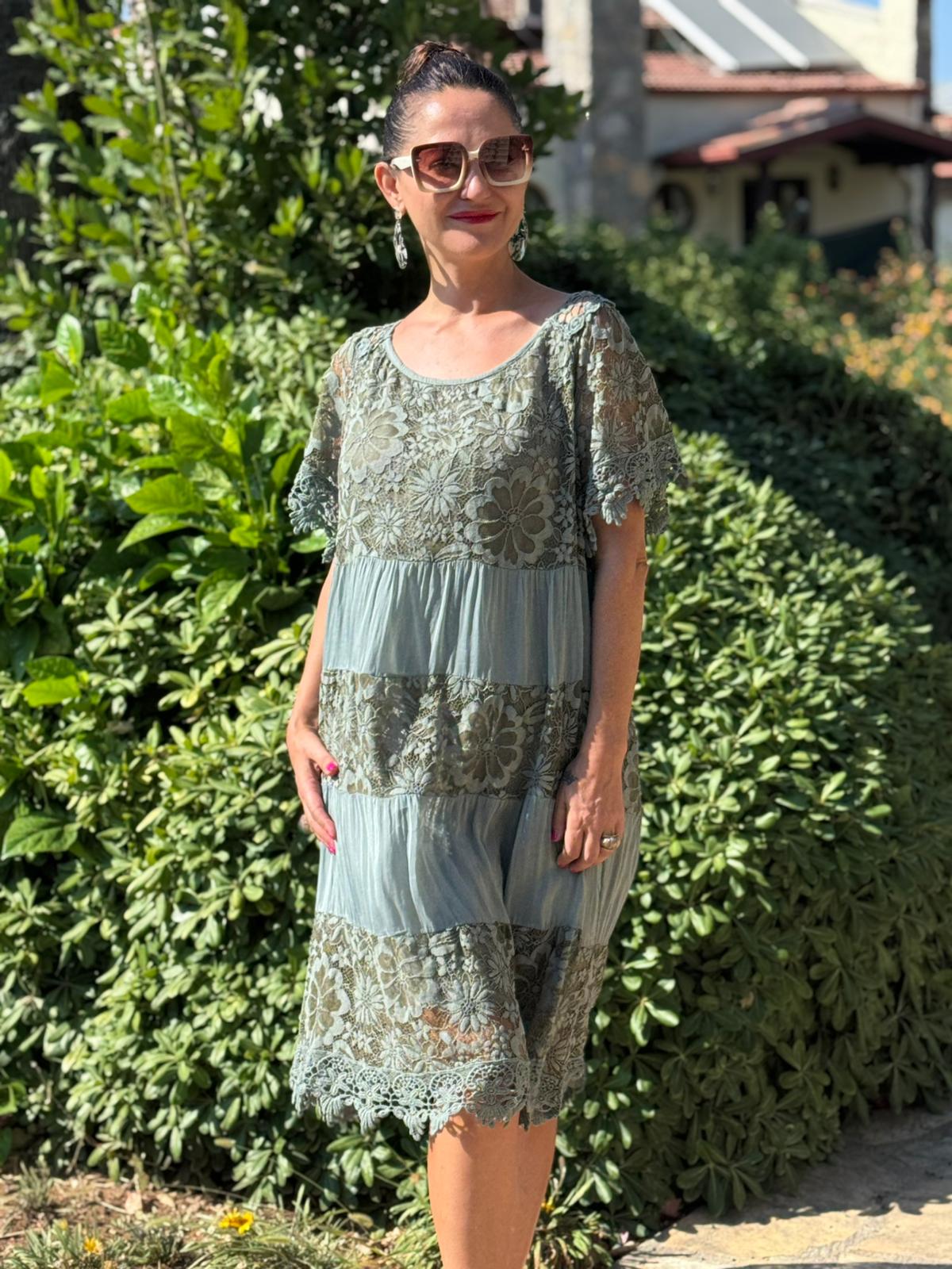 NCC10337 İtalyan İpek Elbise Haki